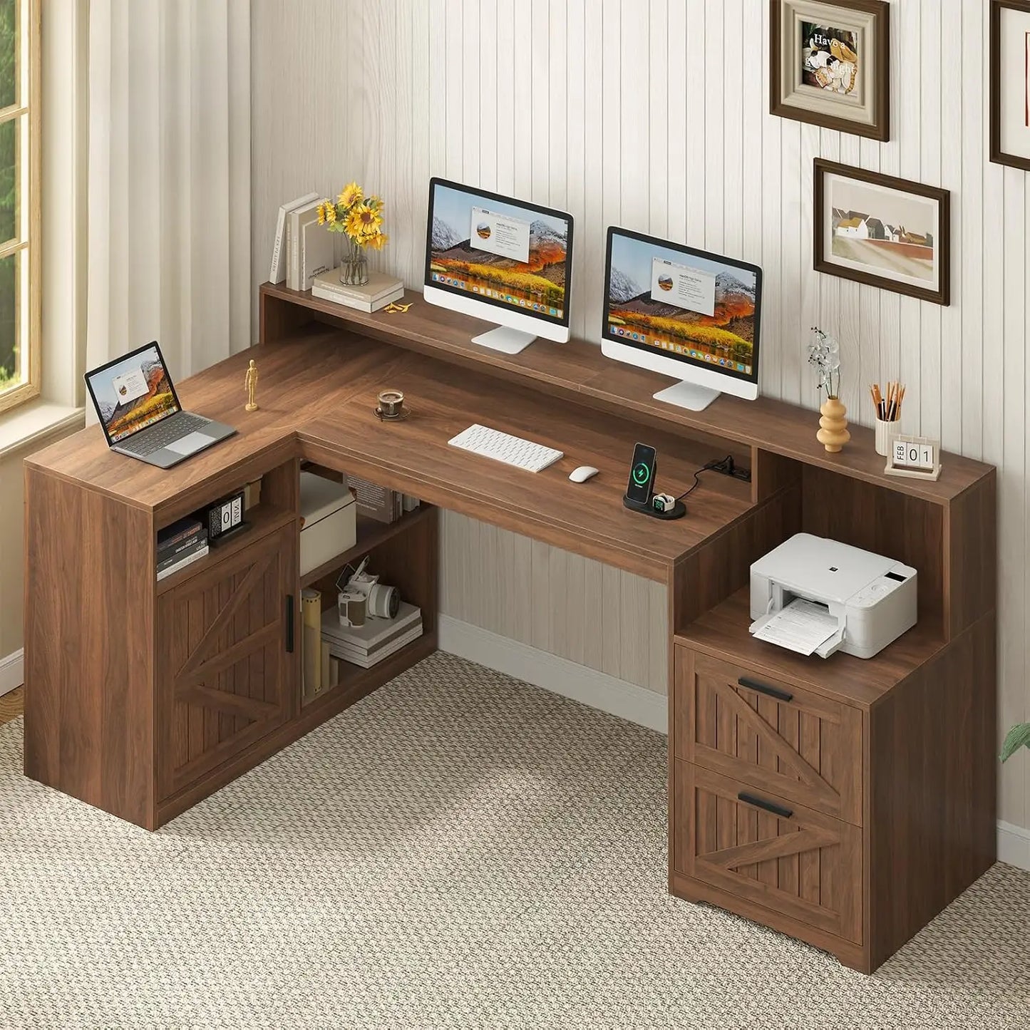 L Shaped Home Office Desk With USB Outlet And Storage