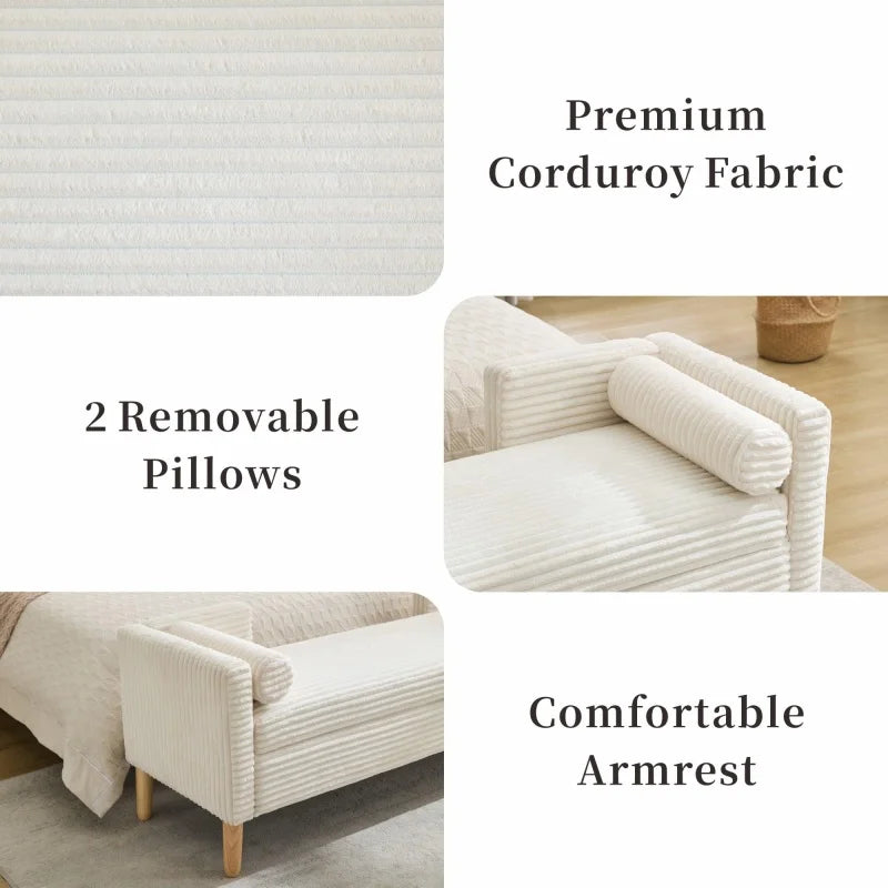 # Bed Storage Bench Upholstered Long Corduroy Window Bench Seat With Arms & Pillows For Bedroom