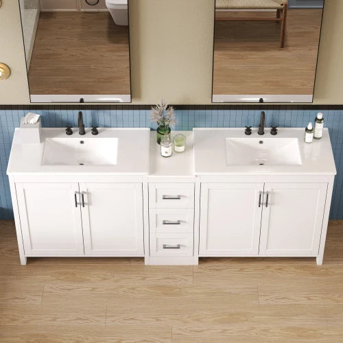 84"Double-Sink Bathroom Vanity,2 Ceramic Sinks and a Quartz Countertop,with Adjustable Shelves and 3 Drawers,Large storage space