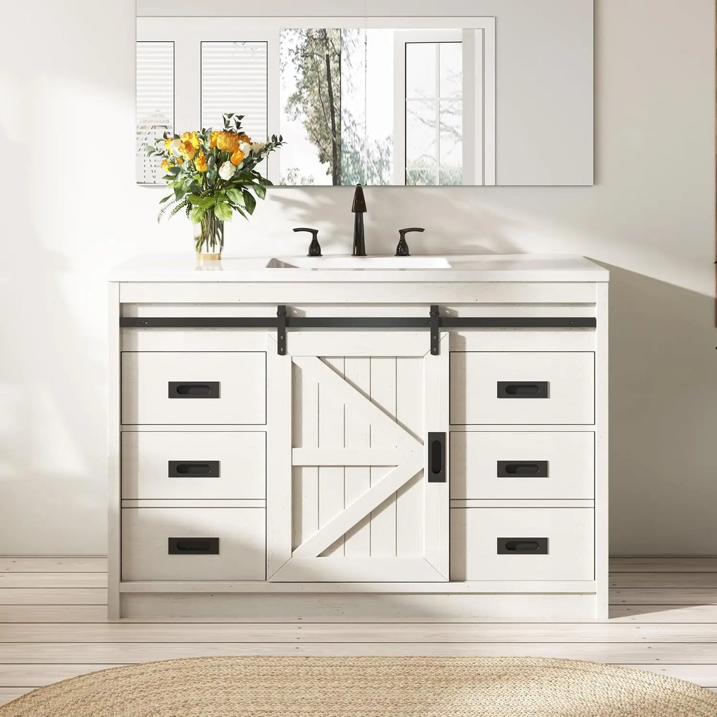 48'' Farmhouse Freestanding Bathroom Vanity with Sink Sliding Barn Door Drawers Metal Handles Deep Basin Storage Custom