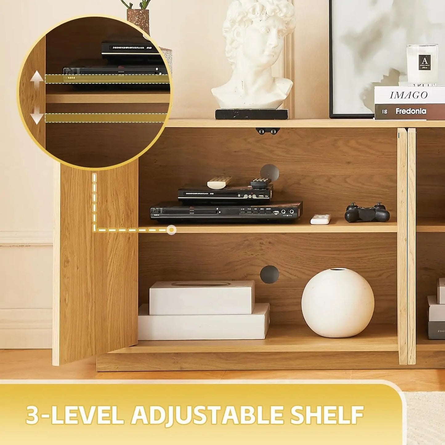 64 Inch Fluted TV Stand With Storage And Adjustable Shelves