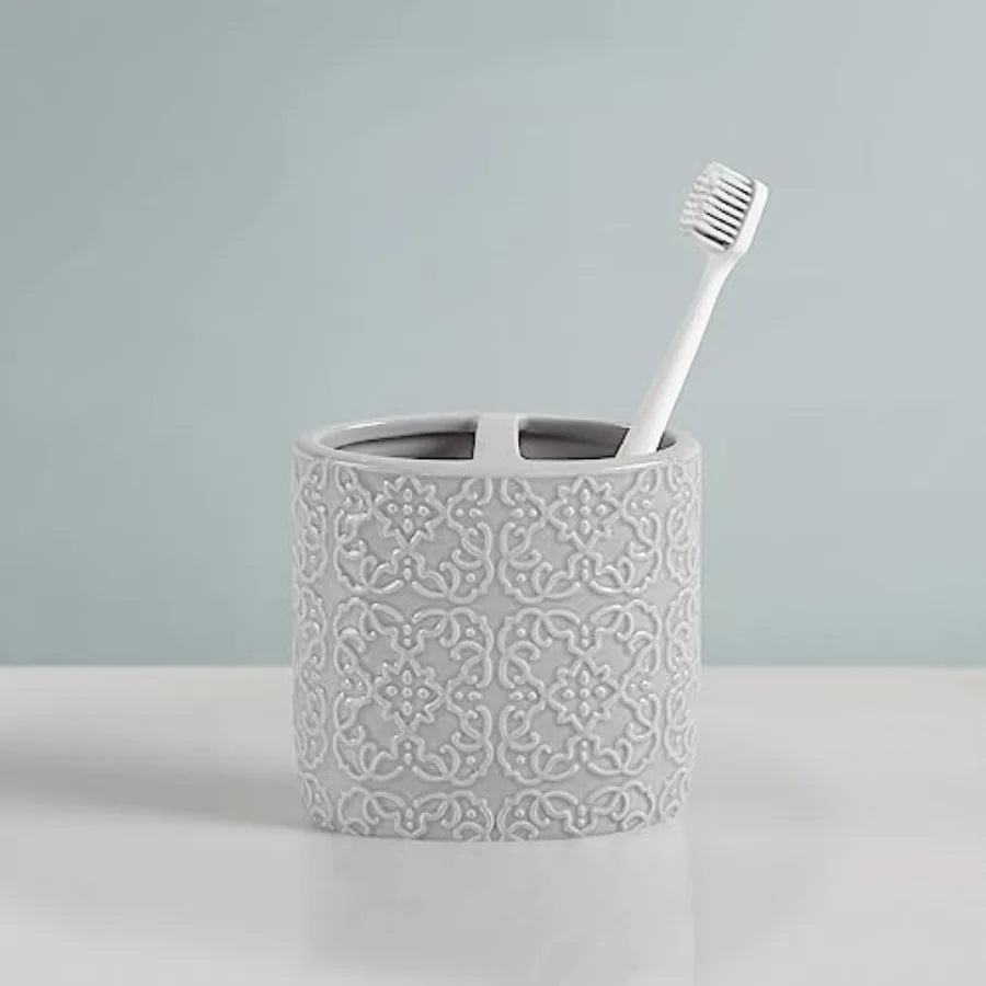 Ceramic Bathroom Accessories Set With Embossed Damask Medallion Dispenser
