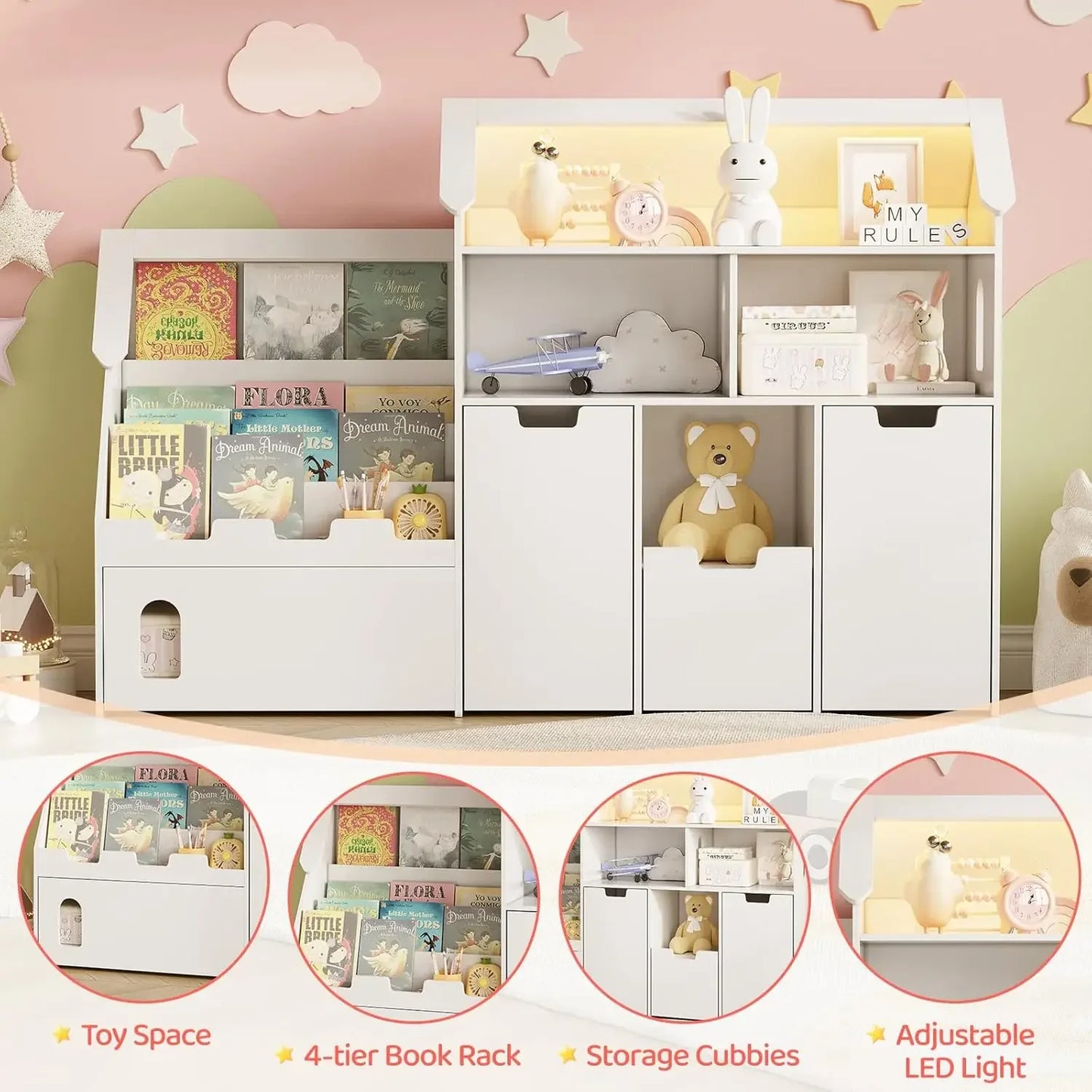 White Castle Shaped Kids Bookshelf Toy Storage Organizer With Removable Drawers Cabinets Storage Cubbies LED Lights For Bedroom