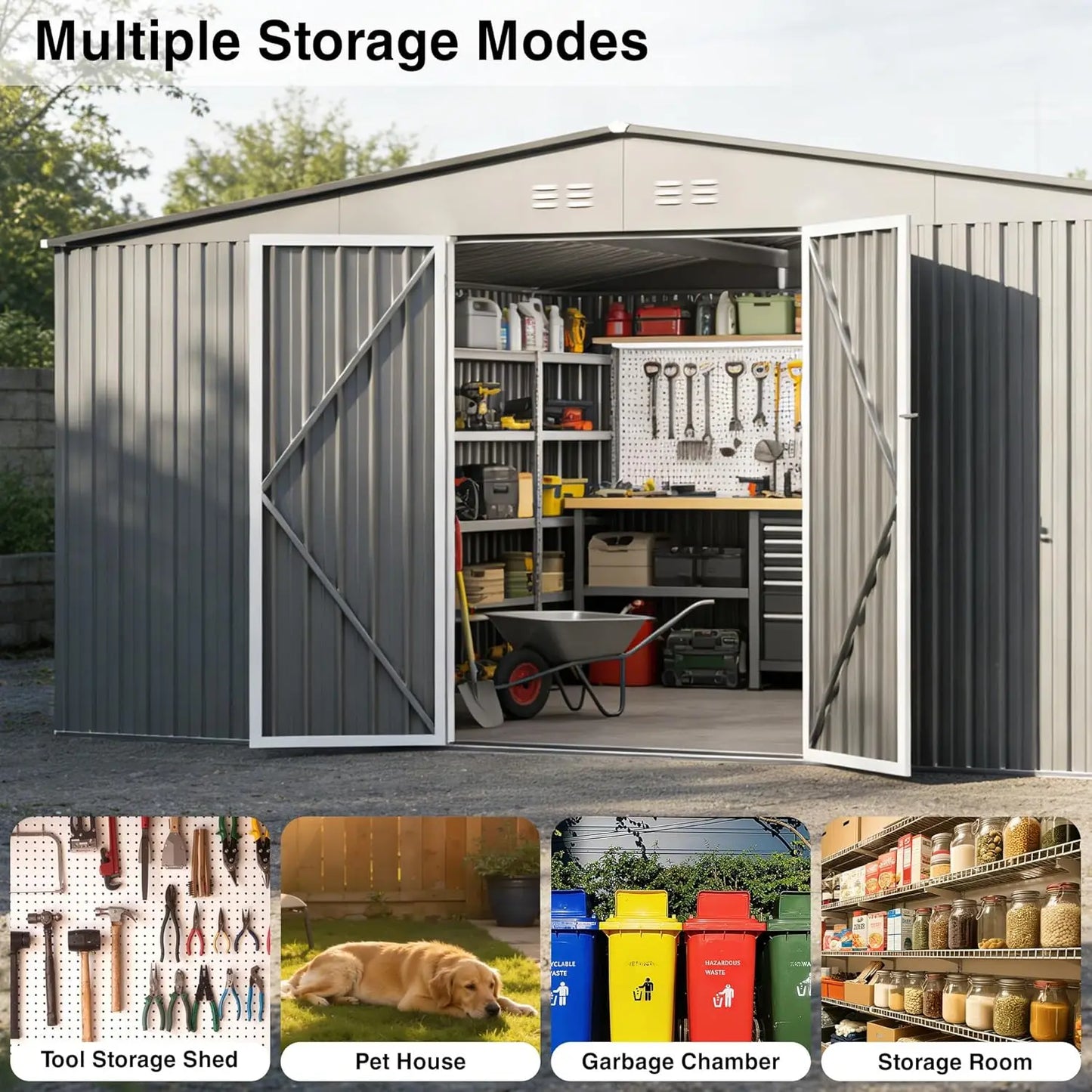 Grey Metal Waterproof Outdoor Storage Shed With Door And Lock