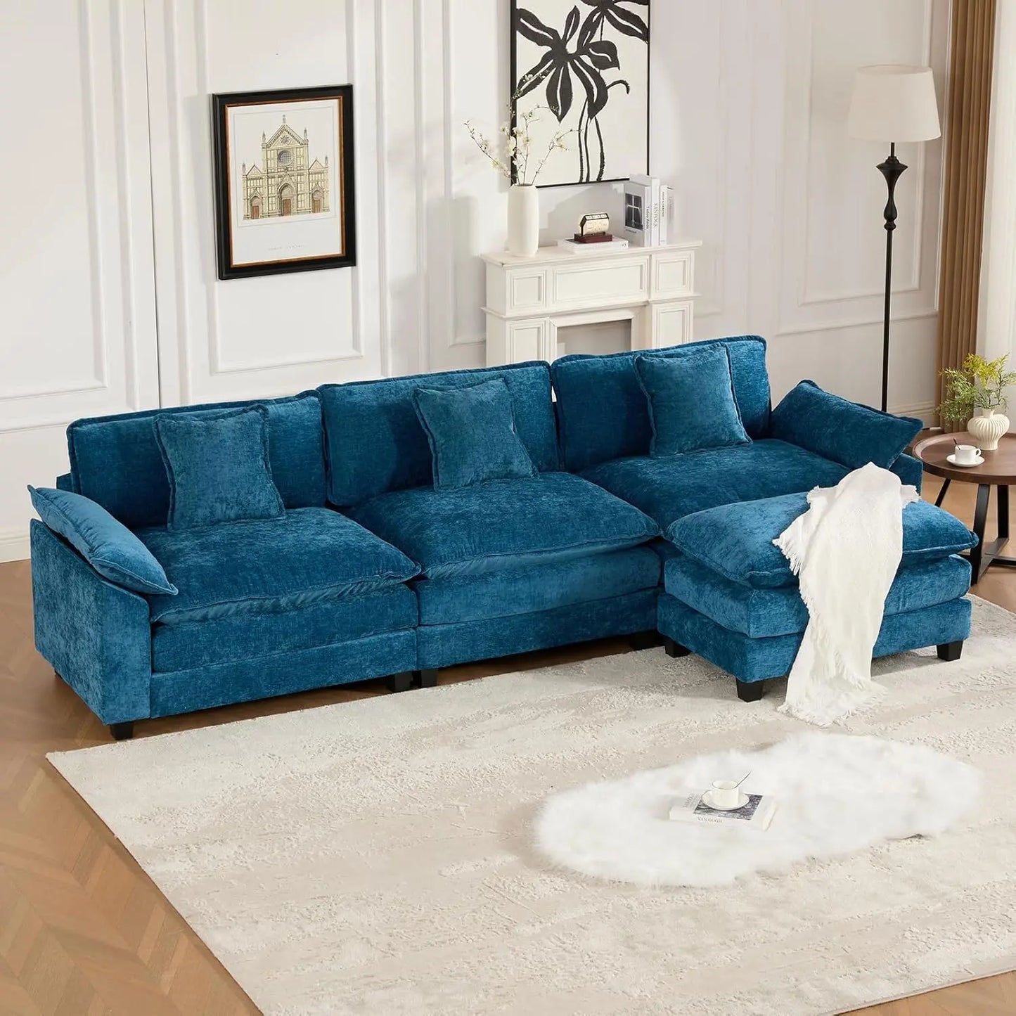 111.5" Blue Modular Sectional Sofa Chenille Deep Seat L-Shape Oversized Living Room Set With Ottoman, Customized