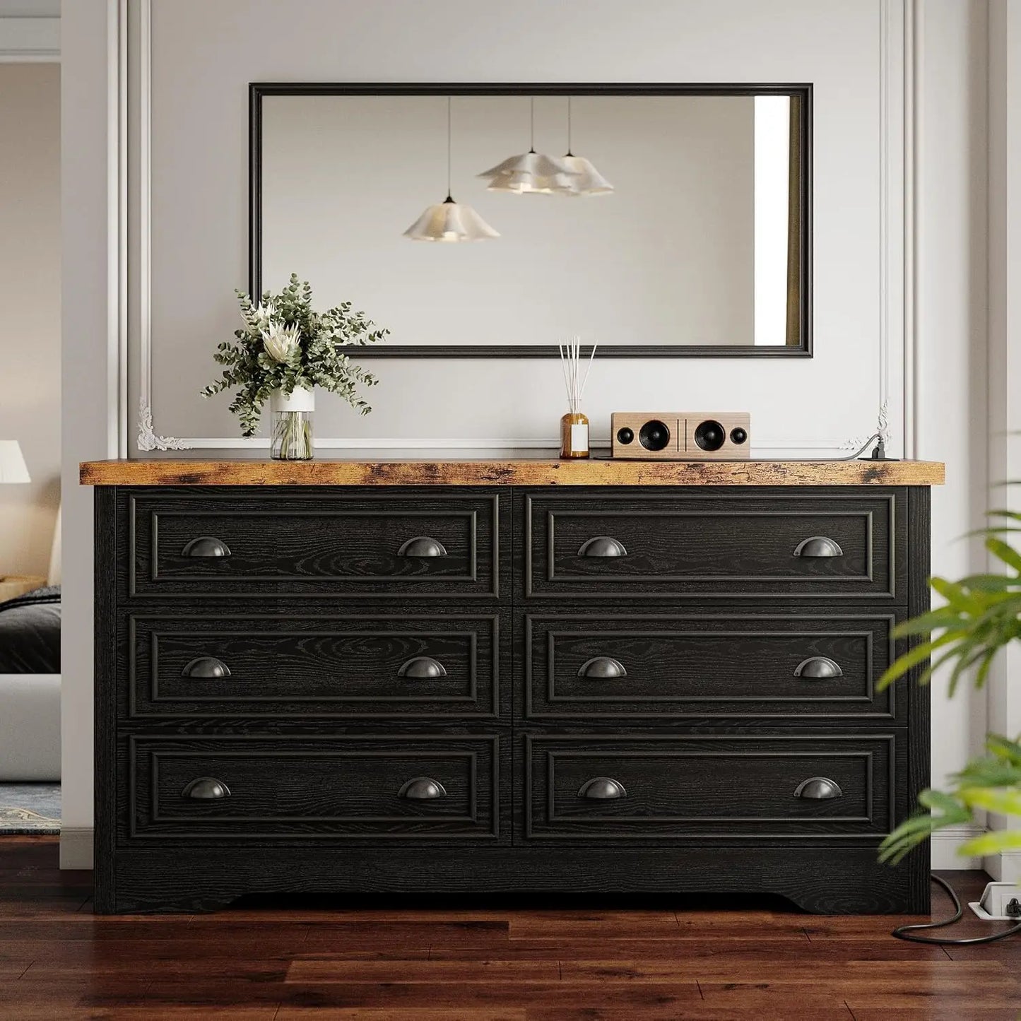 6-Drawer Farmhouse Wood Dresser With Power Strip Storage