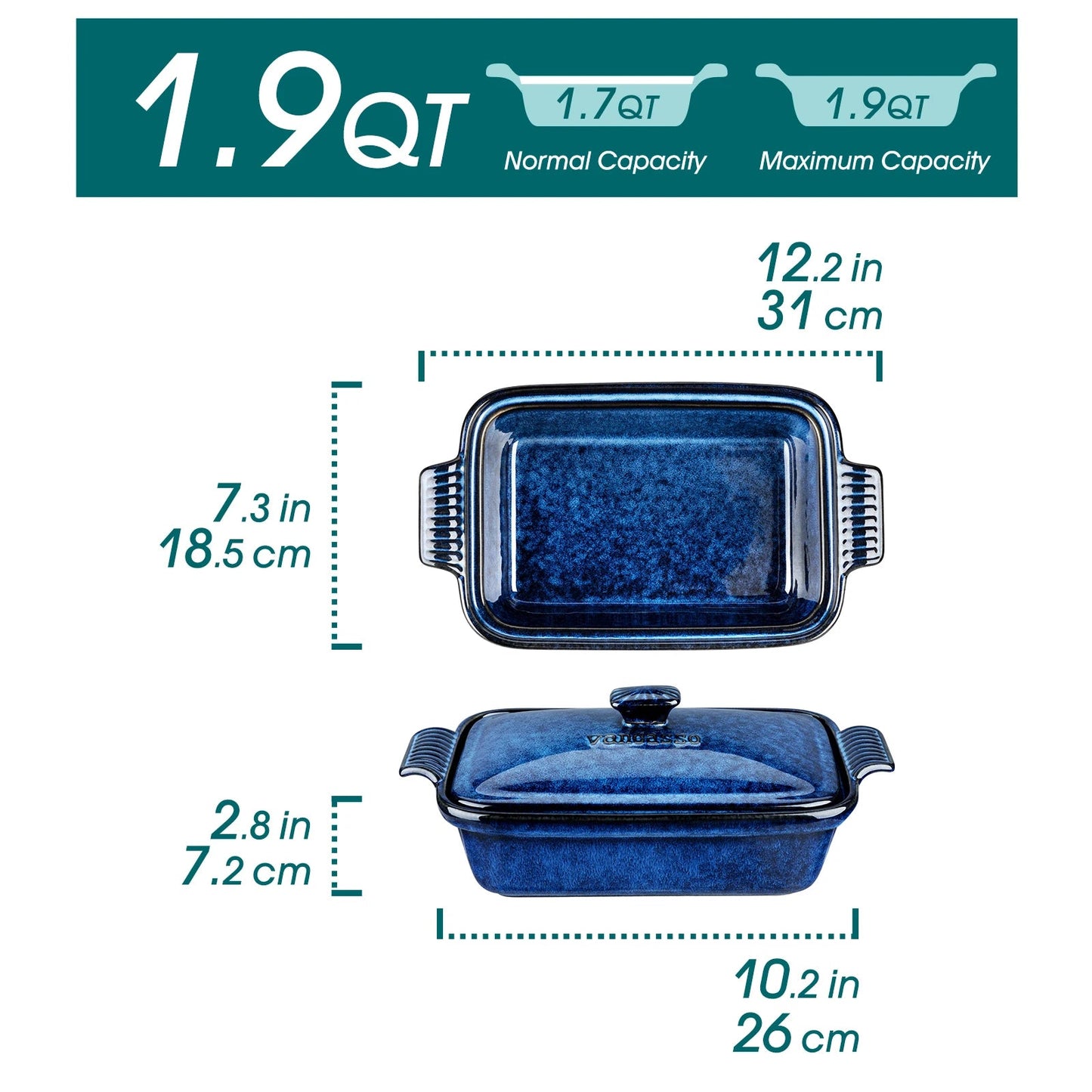 Vancasso Starry 3.8/1.9 Quart Blue Casserole Baking Dish Large Lasagna Pan with Lid Stoneware Casserole with Lid Microwave The Pet & Home Store