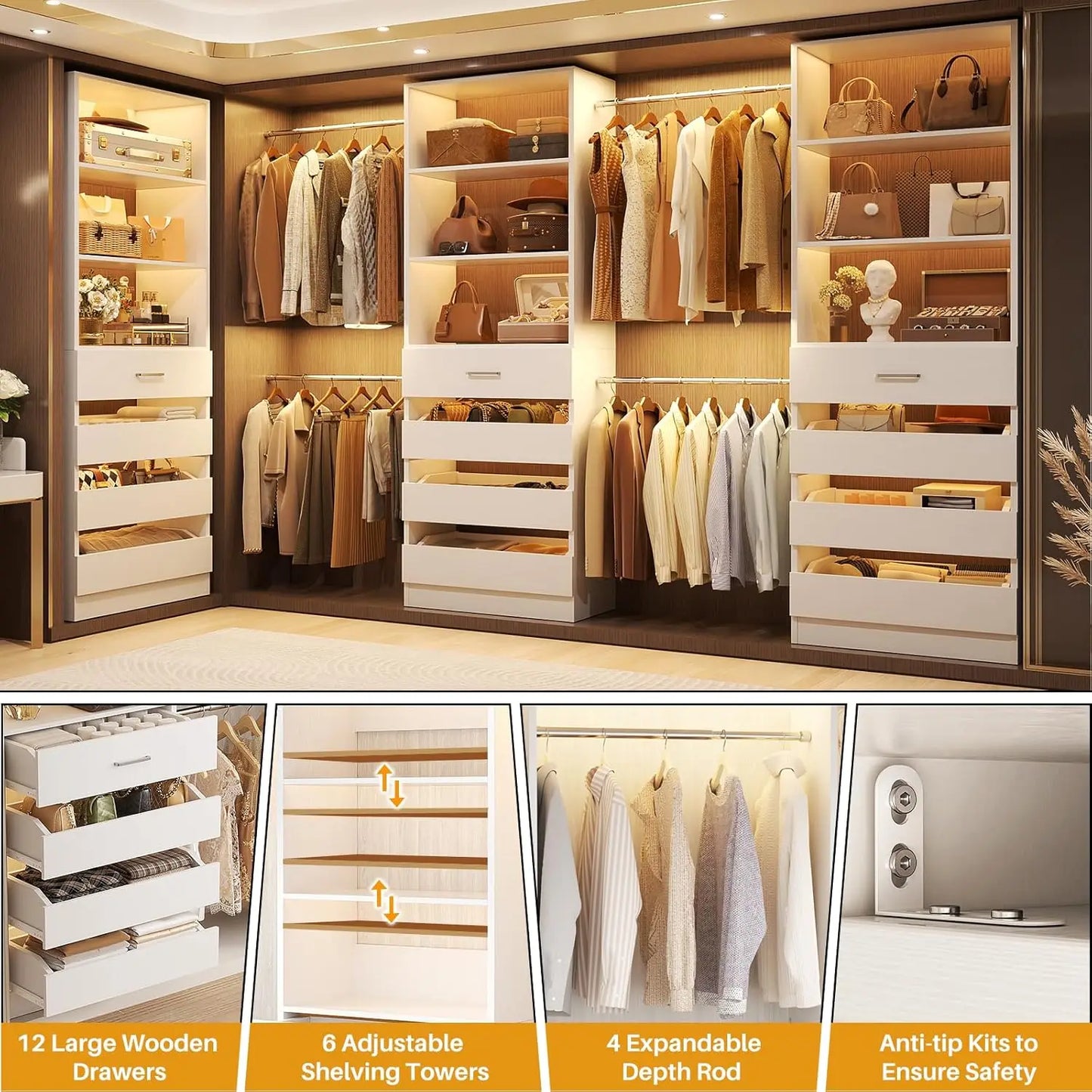 Wooden Closet Organizer System With 4 Rods And 12 Drawers