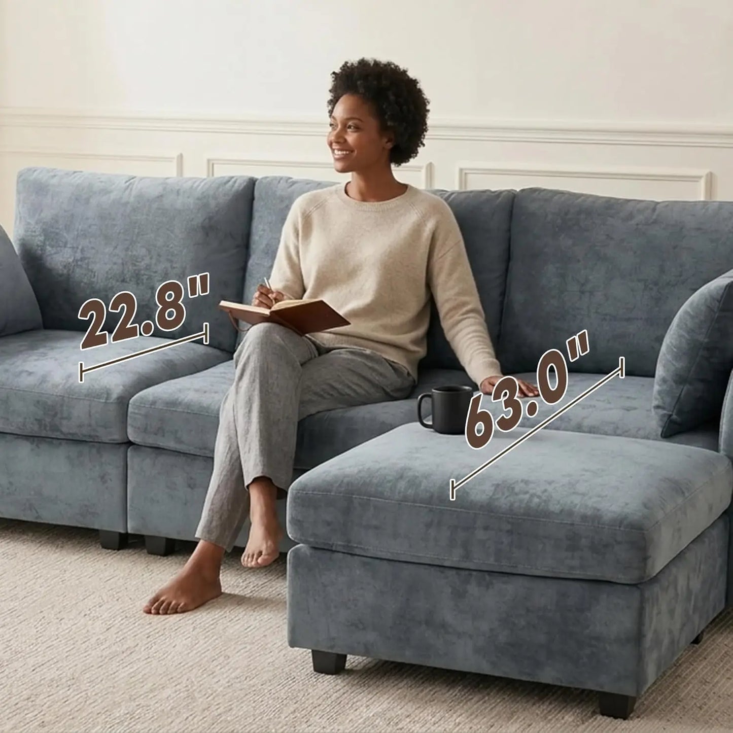Sectional Couch for Living Room, Comfy L Shaped Convertible Sofa, 4 Seater Modern Chenille Sofa with Ottoman, Grey, Customized