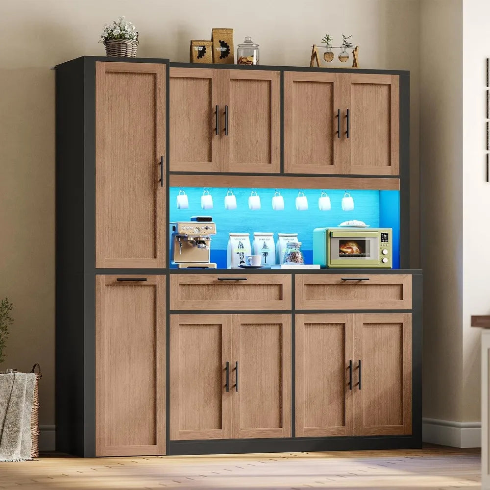 71" Kitchen Pantry Cabinet with Charging Station & LED Light, Storage Cabinet with Microwave Stand, 3-Tier Cart, Brown