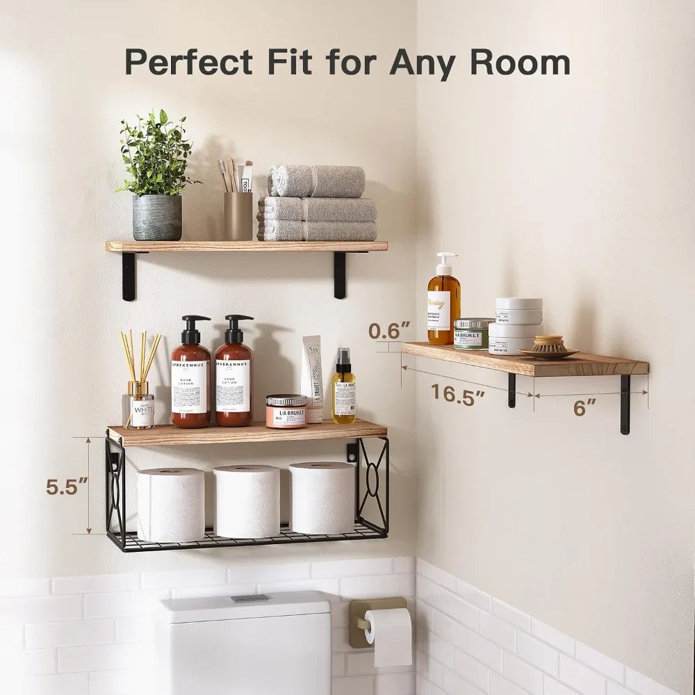 Over Toilet Shelves With Storage Basket Floating Wall Natural Wood