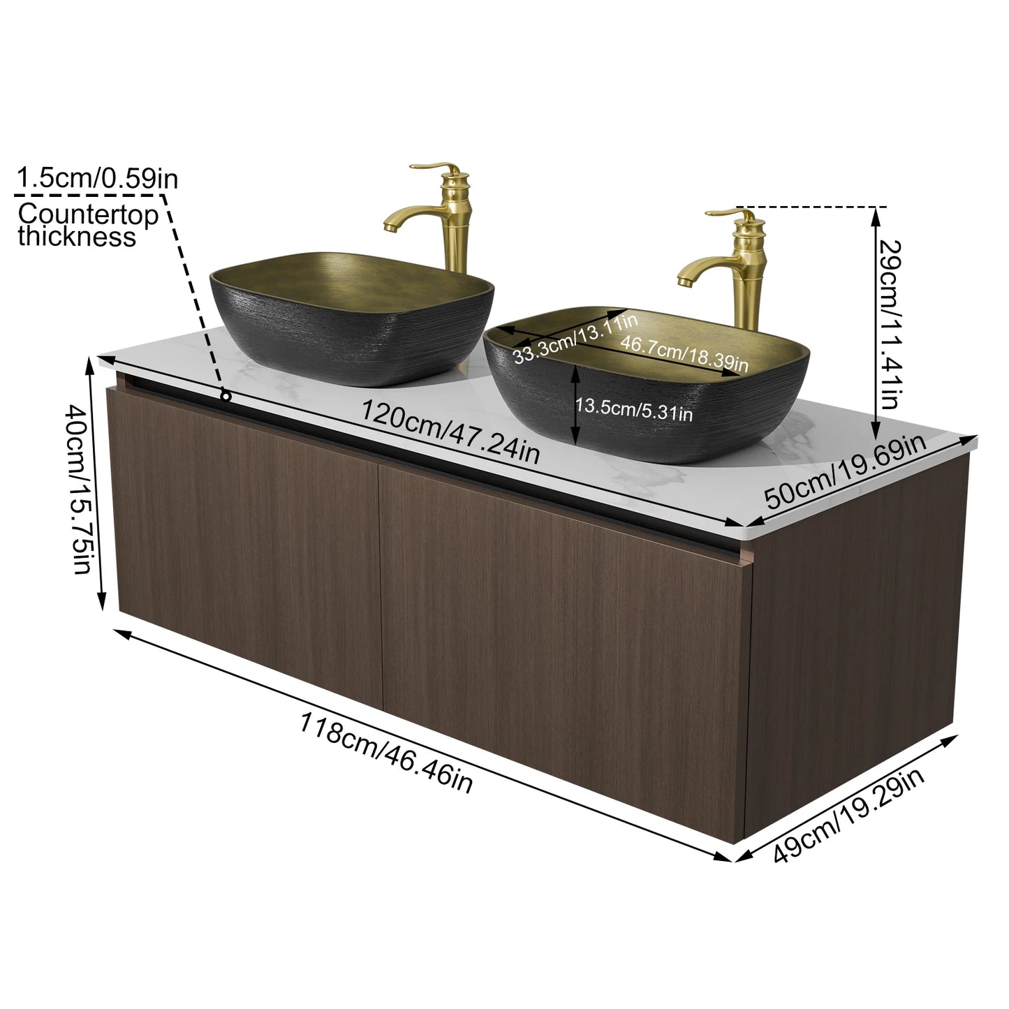 80/100/120CM Bathroom Vanities Sink Set Wall Mounted Floating Cabinet w/ Ceramic Basin Sintered Stone Top, Faucet and Hoses