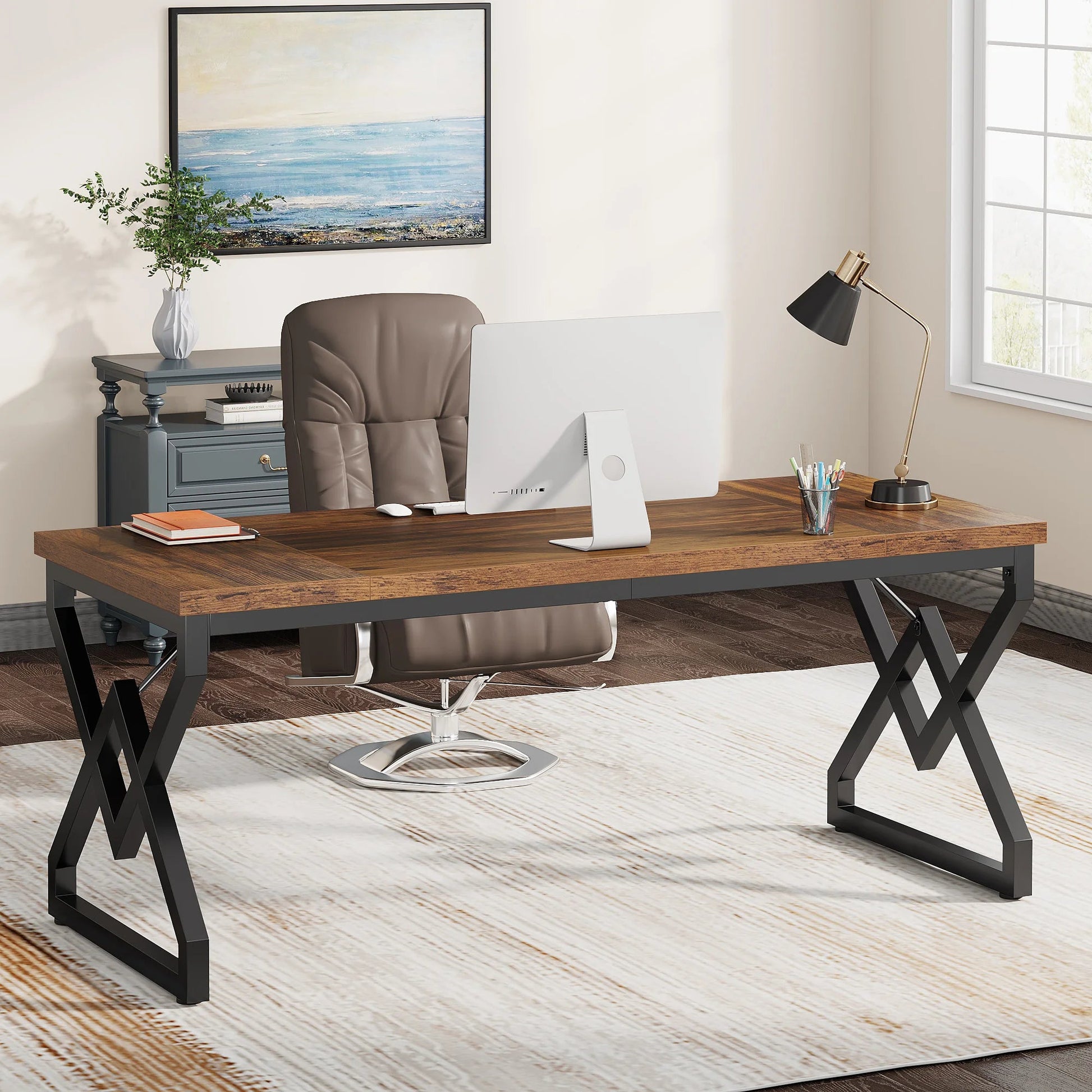 Tribesigns 63" Large Industrial Executive Desk with Extra Thickened Tabletop & Metal Frame, Heavy-Duty Home Office Desk The Pet & Home Store