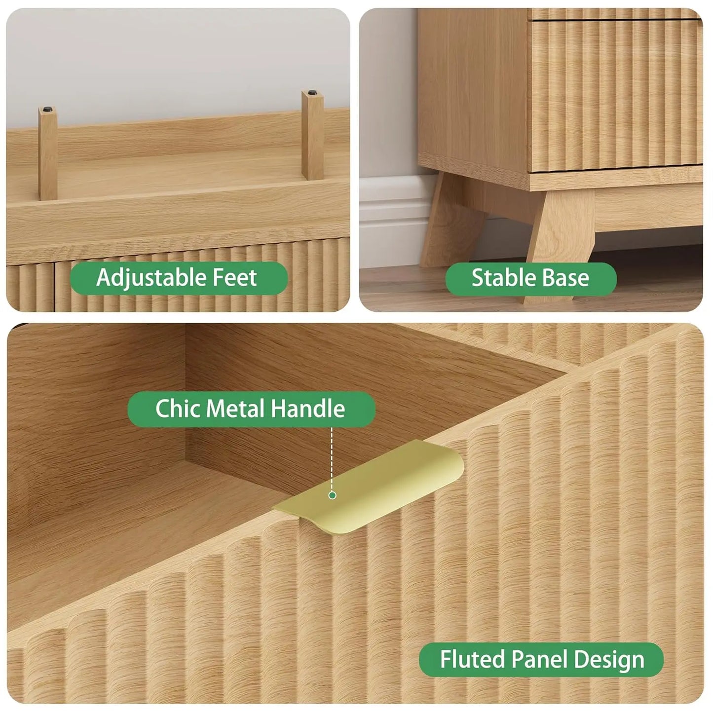 Fluted 9-Drawer Dresser In Oak Wood With Metal Handles