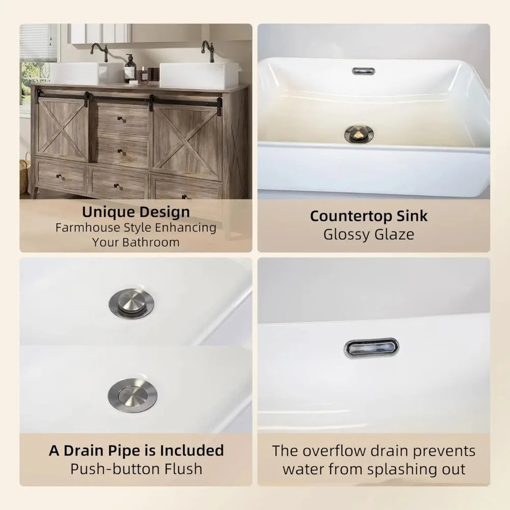 Bathroom Vanity with Sink, 60 Inch Bathroom Vanity Double Sink Ceramic, Freestanding Cabinet, Grey Wood Grain