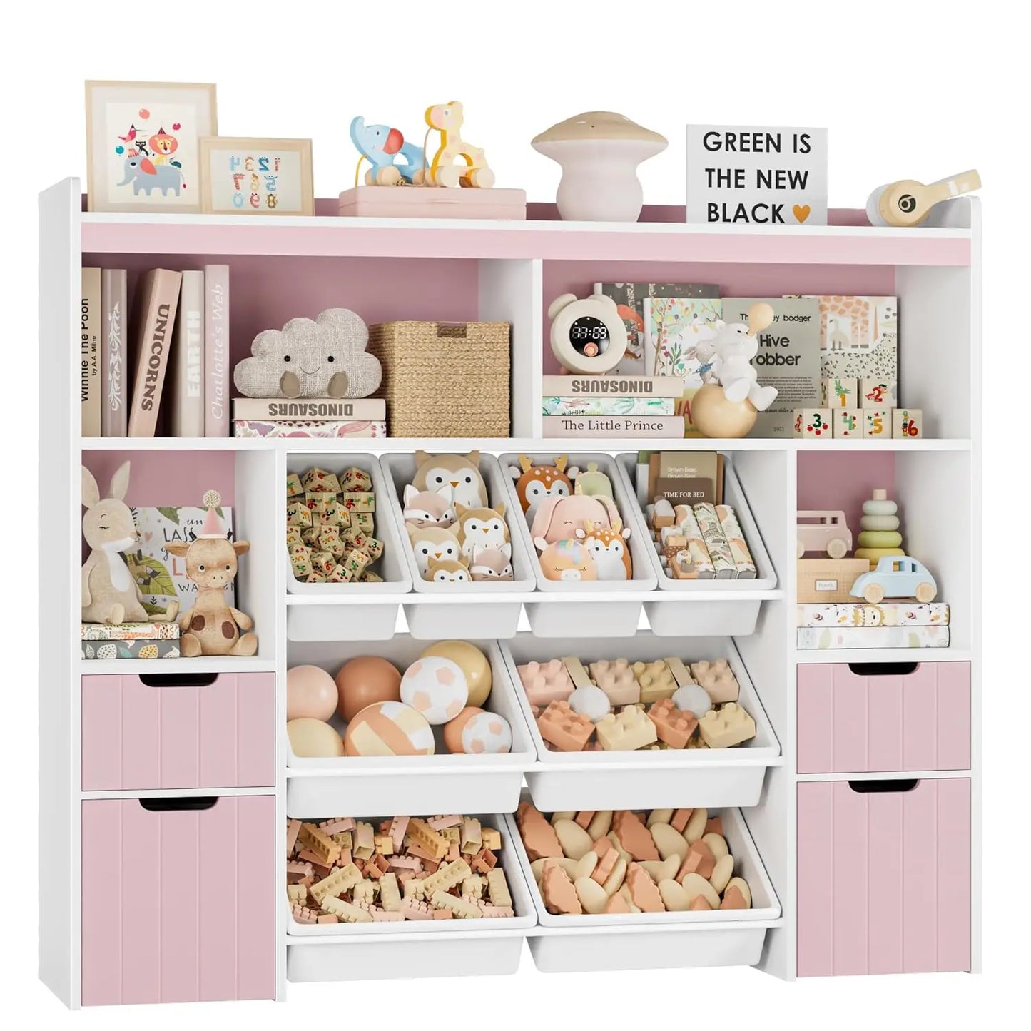 Wood Toy Storage Organizer With Drawers And Removable Bins