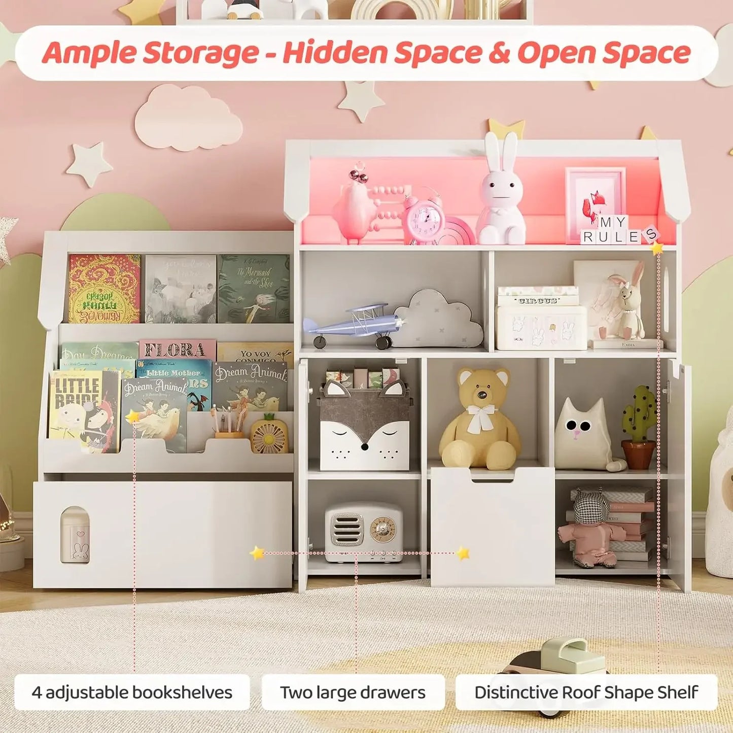 White Castle Shaped Kids Bookshelf Toy Storage Organizer With Removable Drawers Cabinets Storage Cubbies LED Lights For Bedroom