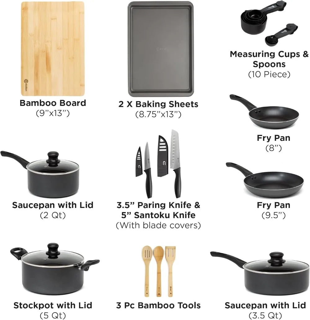26-Piece Nonstick Cookware Set, Dishwasher Safe, Ceramic Coating, Even Heating, Comfort Grip, Black