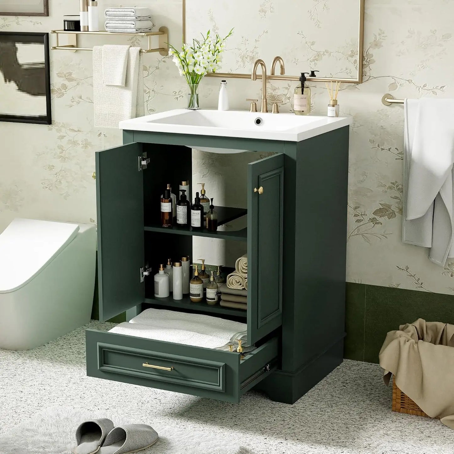 Wood Bathroom Vanity Cabinet With Ceramic Sink Adjustable Drawer Shelf