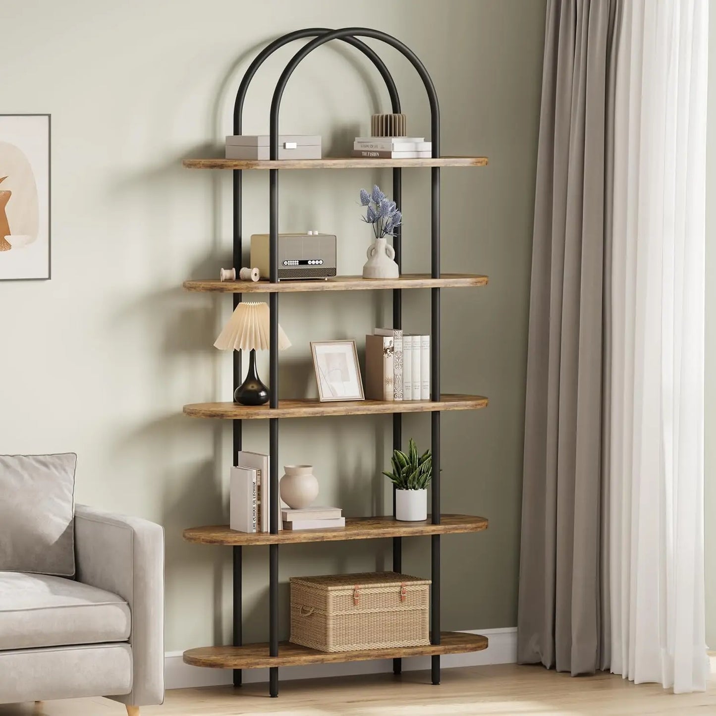 71" Arched Bookshelf 5 Tier Bookcase Open Bookshelf with Metal Frame Plant Stand Freestanding Display Rack Tall Shelving