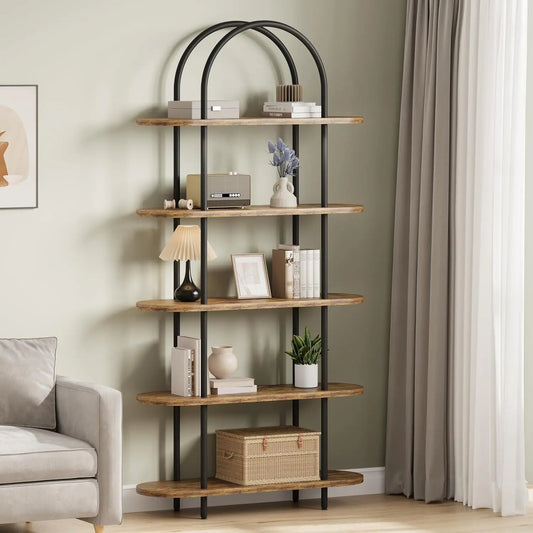 71" Arched Bookshelf 5 Tier Bookcase Open Bookshelf with Metal Frame Plant Stand Freestanding Display Rack Tall Shelving