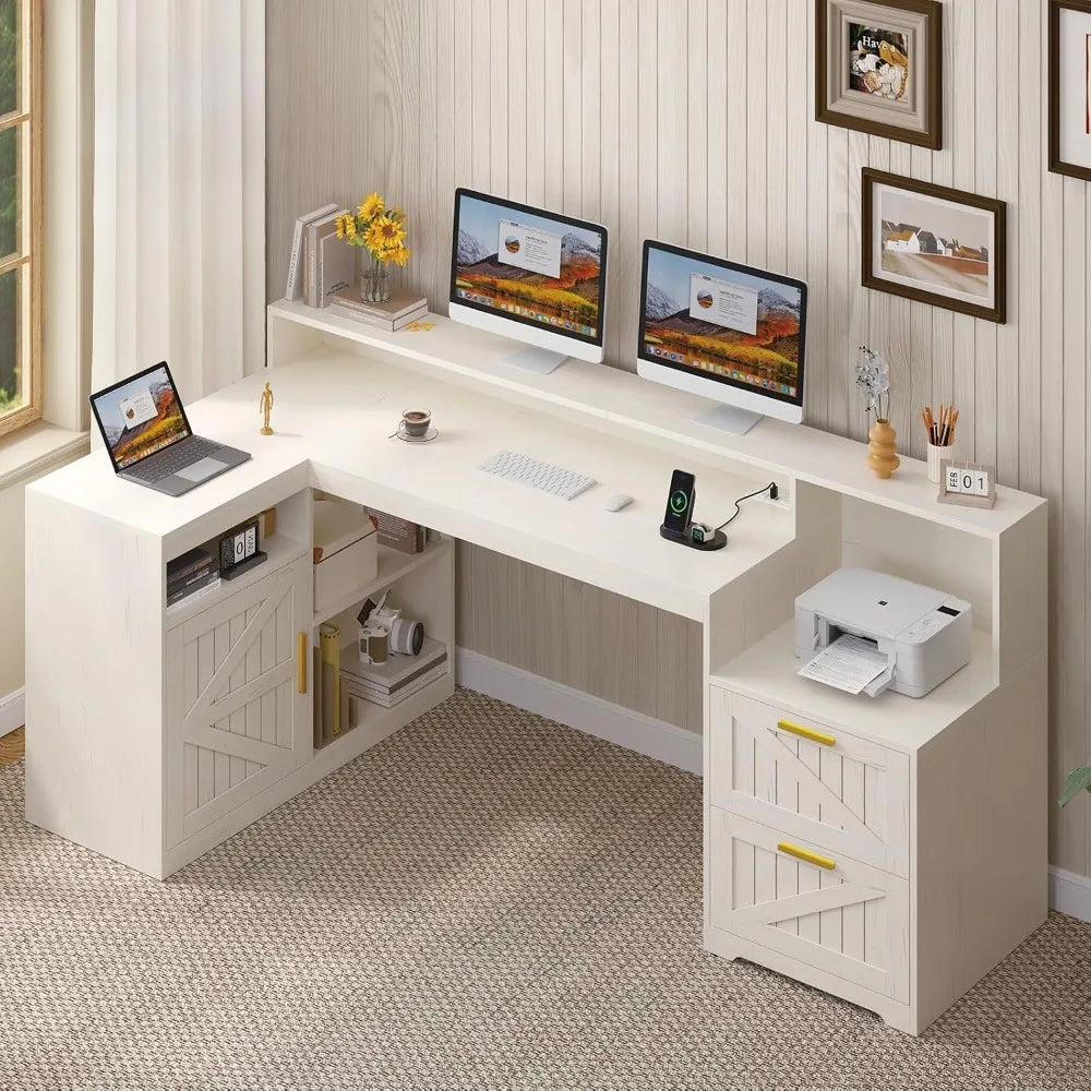 L Shaped Home Office Desk With USB Outlet And Storage