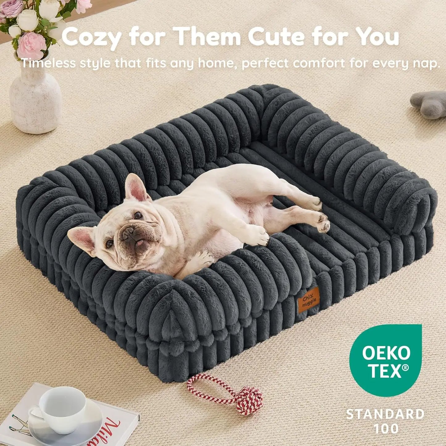 Faux Fur Orthopedic Dog Bolster Bed, Waterproof Washable Cover| rectangular dog sofa couch,egg crate foam,non-slip bottom,for small medium dogs,dark grey,30*24*7,puppy bed