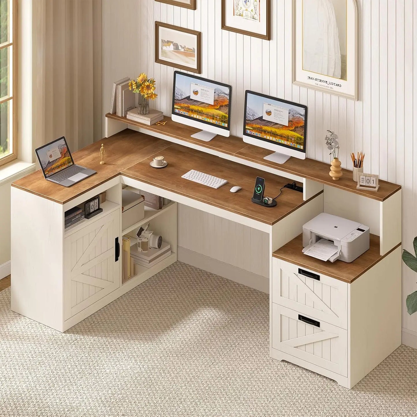 L Shaped Home Office Desk With USB Outlet And Storage