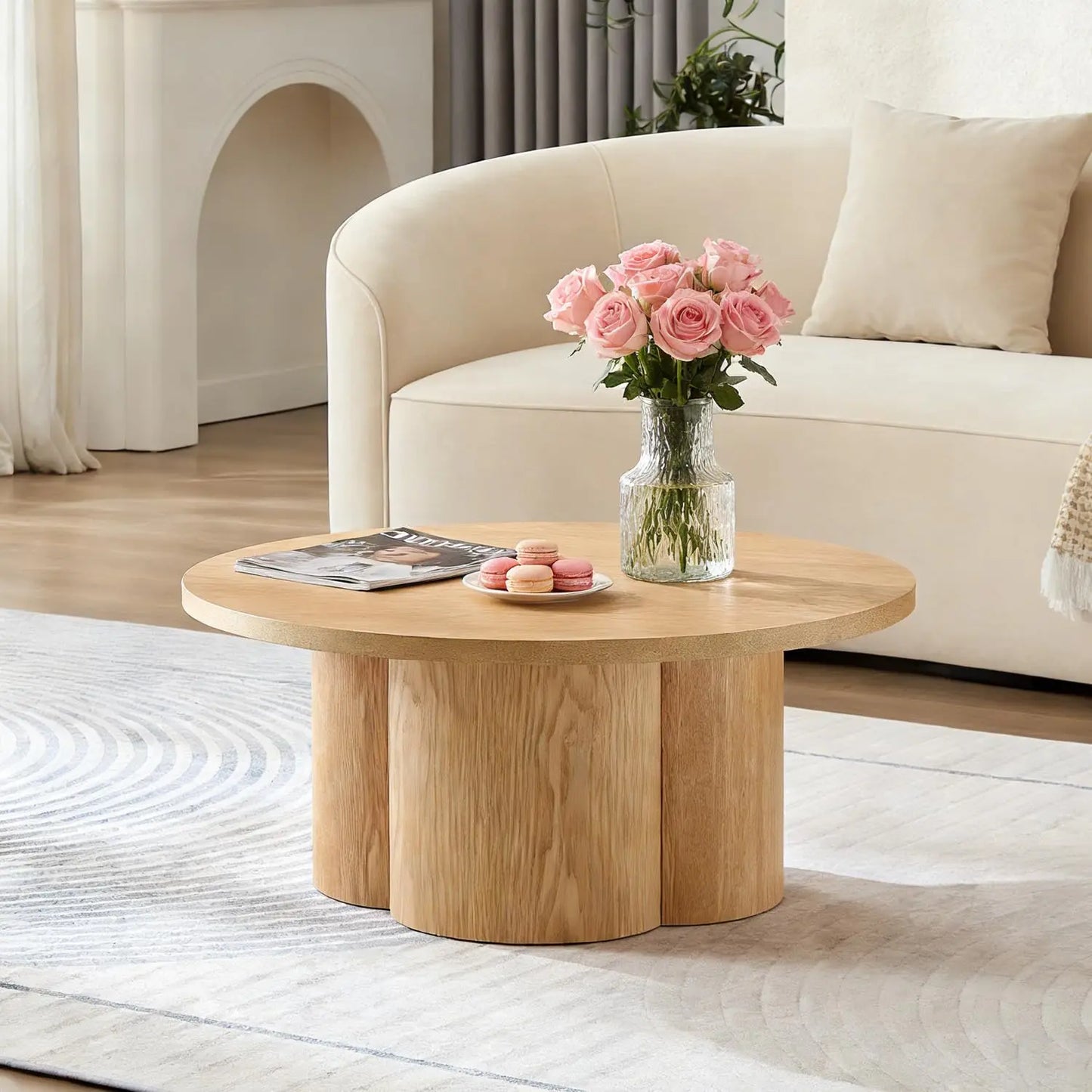 Wood Pedestal Coffee Table For Living Room Minimalist Modern Circle