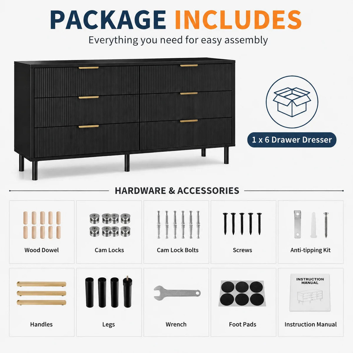 Fluted 6 Drawer Dresser with Metal Legs Wide Storage Cabinet Wood Chest of Drawers Anti Tipping Design Bedroom Living Room Hallway Organizer The Pet & Home Store