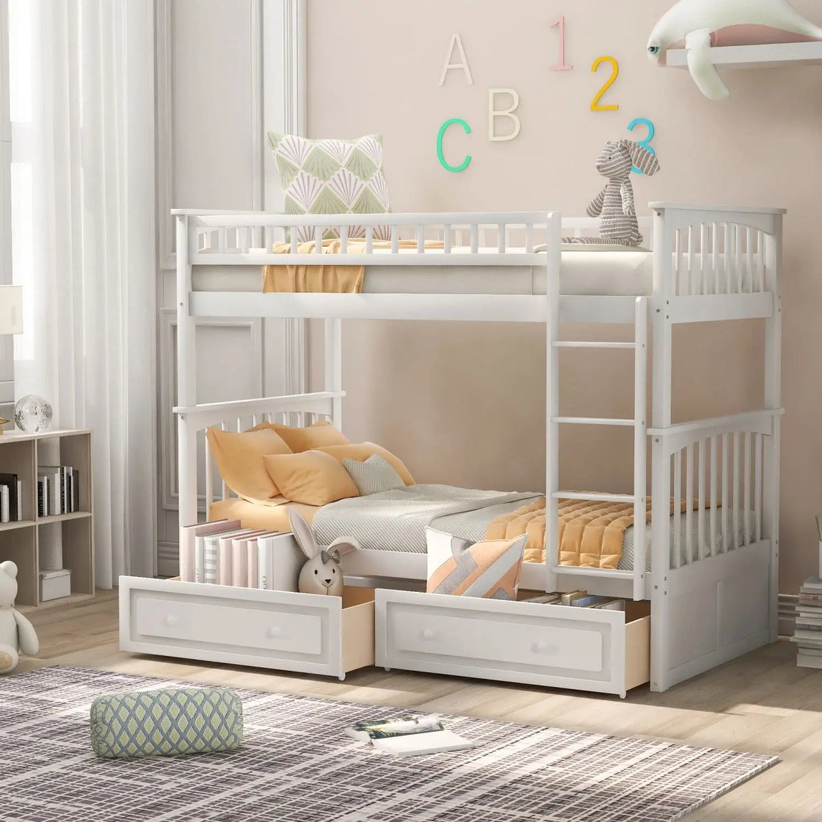 Twin over Twin Bunk Bed with Drawers, Convertible Beds, White(Old SKU: SM000240AAK-1) The Pet & Home Store