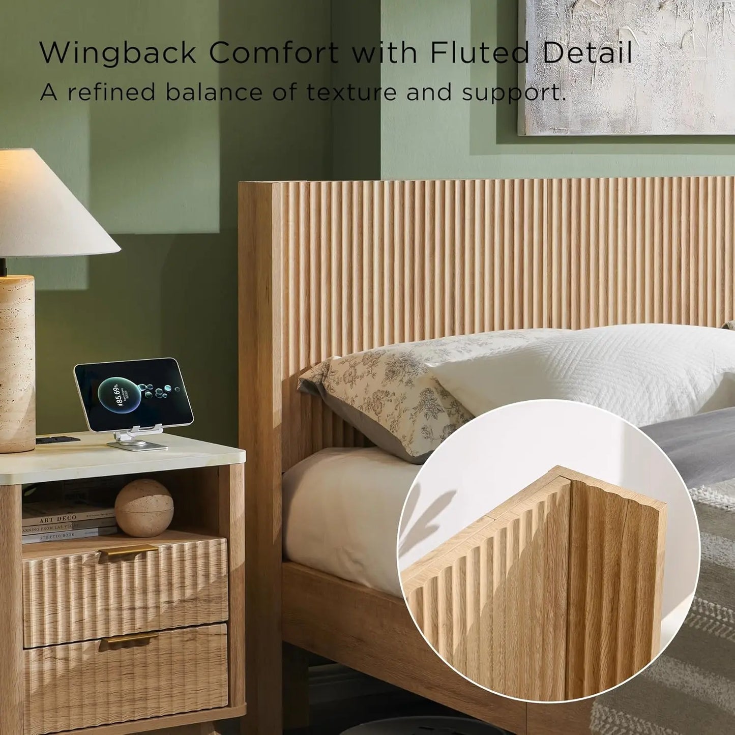 Fluted King Size Bed Frame with Wingback Headboard, Footboard Storage Bench with Built-in Drawers & Lift-Up, Customized