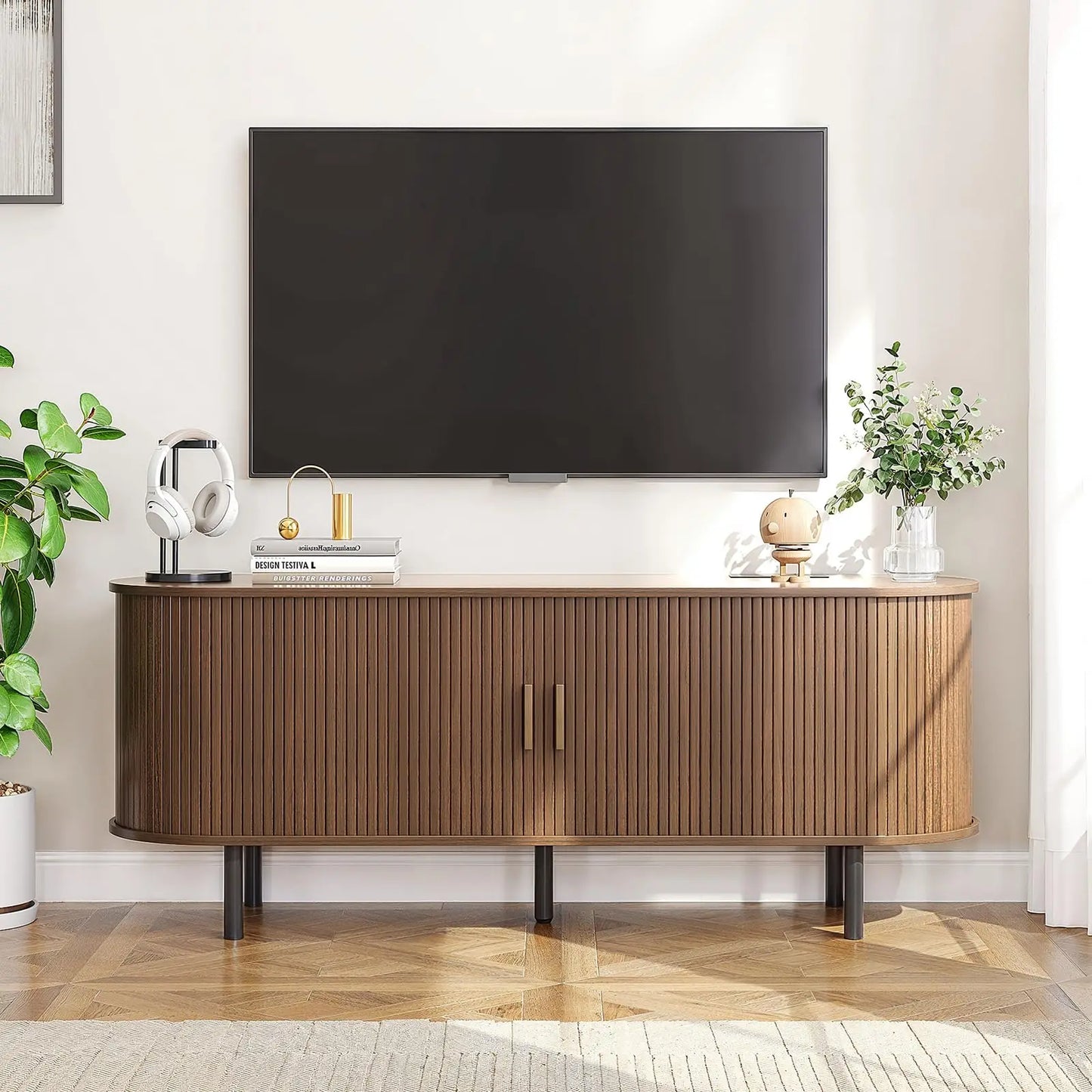 ONBRILL TV Stand With Power Outlet And Sliding Doors Storage