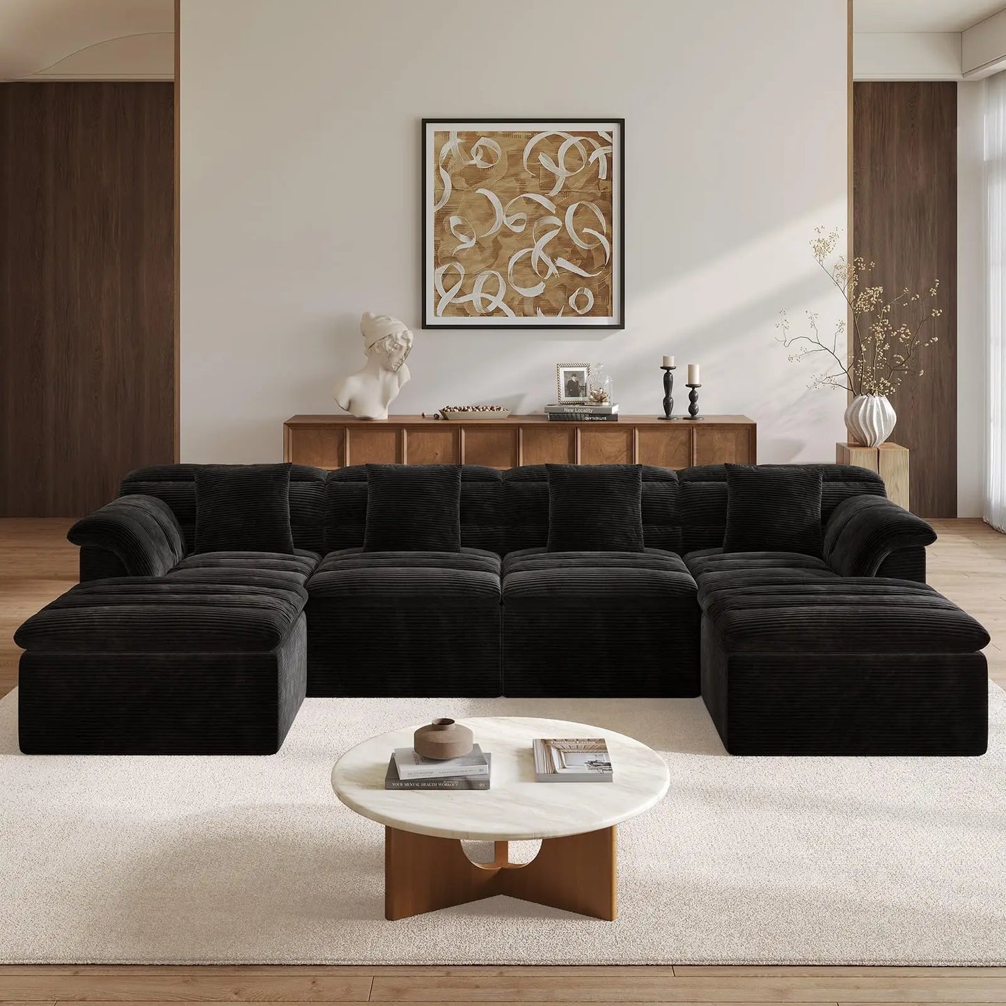 142" Modular Cloud Sectional Couch with Ottoman Modern Upholstered Compressed Sofa Deep Seat, Comfy U-Shape Corduroy Couches
