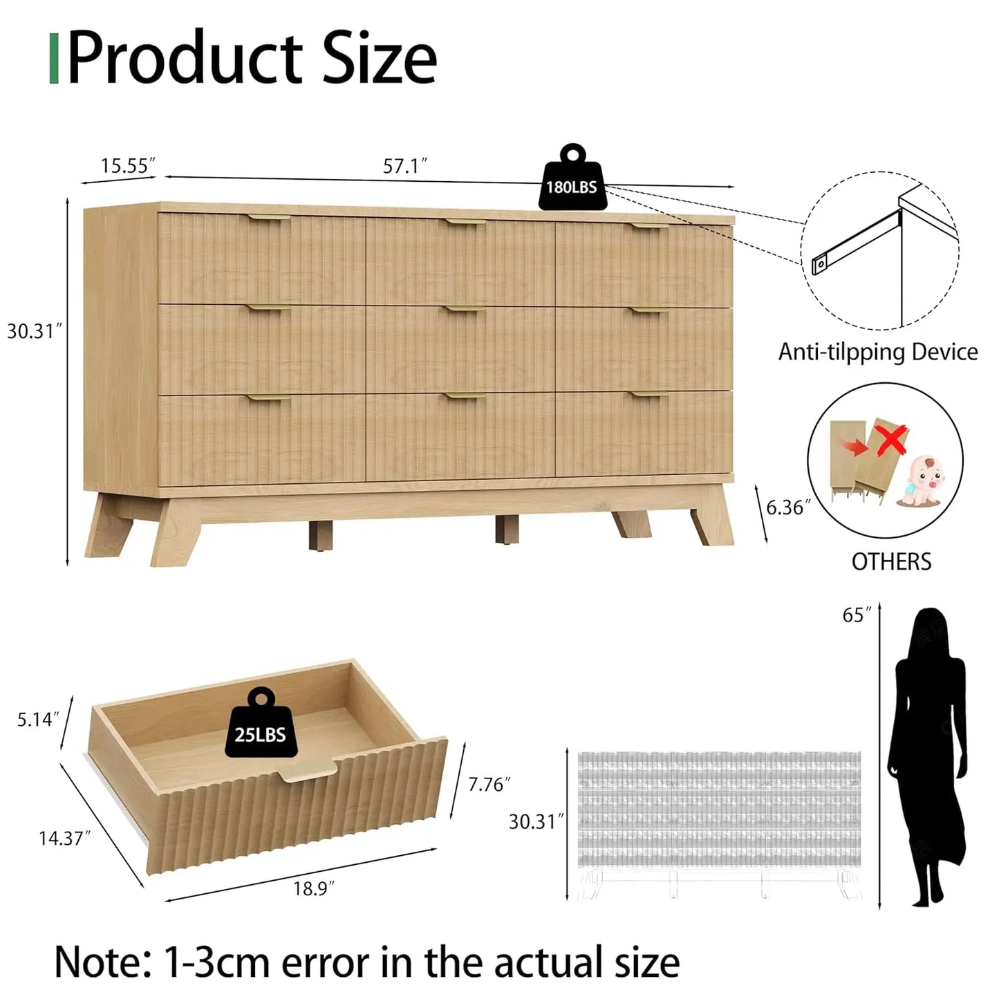 Fluted 9-Drawer Dresser In Oak Wood With Metal Handles