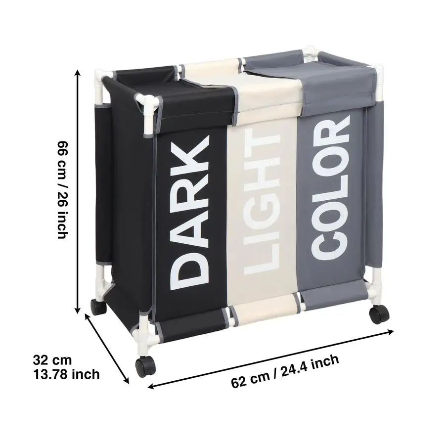 Three Section Laundry Hamper With Rolling Wheels Organizer Cart