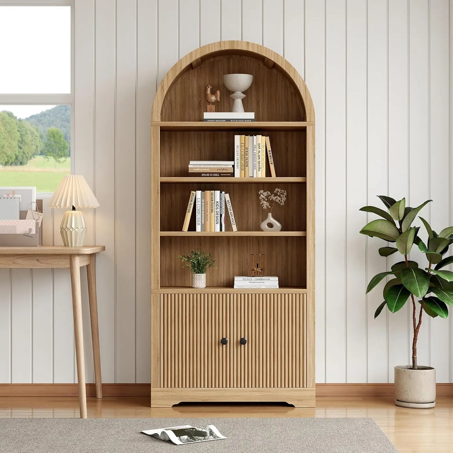 Arched Bookcase With Storage Door 6 Tier Freestanding Cabinet Farmhouse
