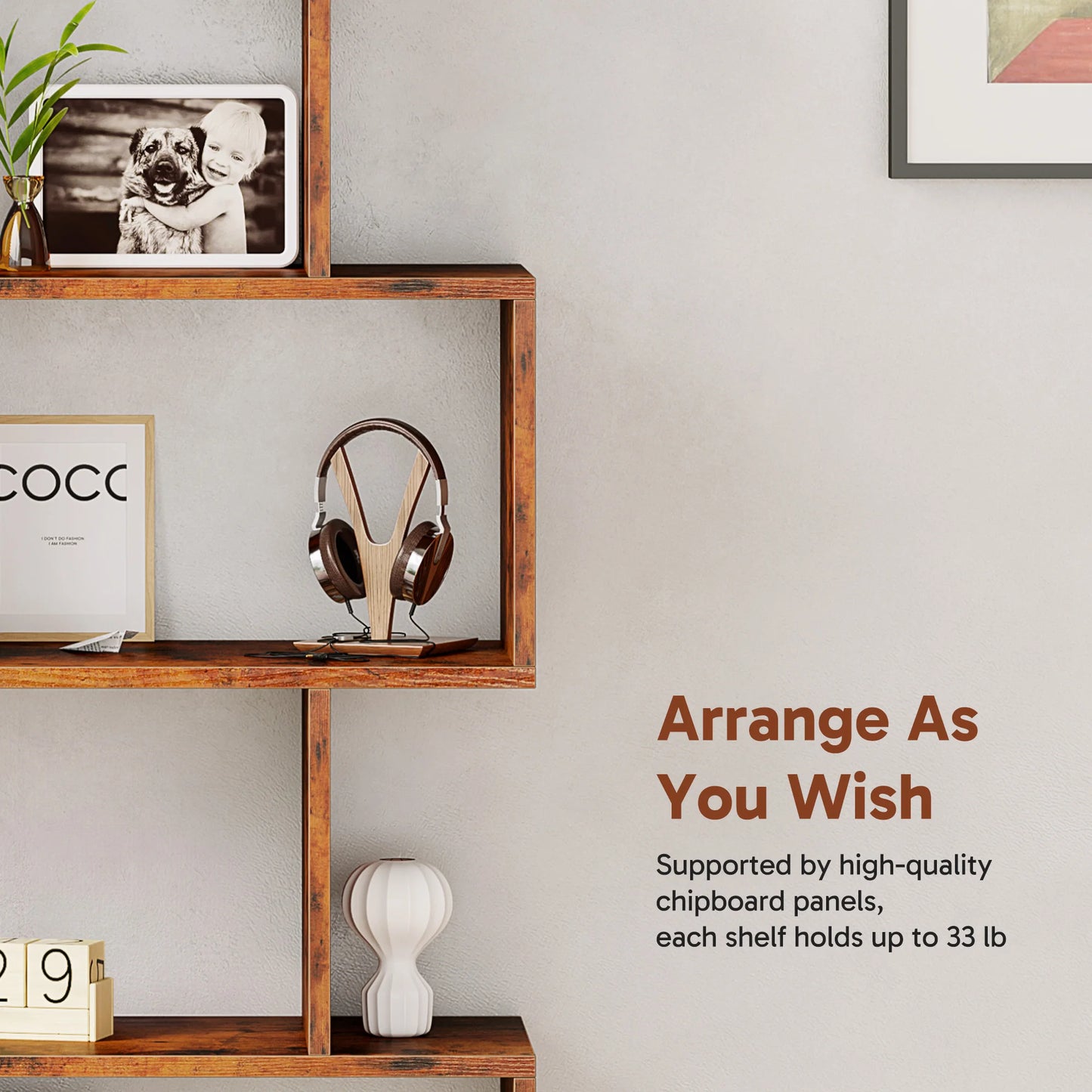 JHK Geometric 5-Tier S-Shaped Wooden Bookshelf For Home Office Display