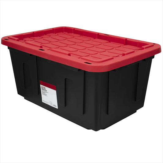 27 Gallon Large Storage Bin with Snap Lid, Black and Red, Heavy Duty Plastic Storage Container