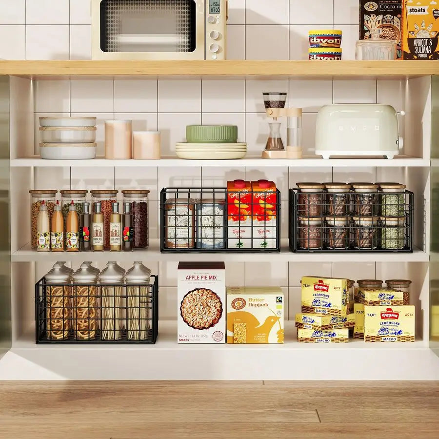 Metal Wire Basket Pantry Baskets Foldable Cabinet Organizers with Handles6 Pack12x9x6, Food Storage Freezer Organizer Bins for K