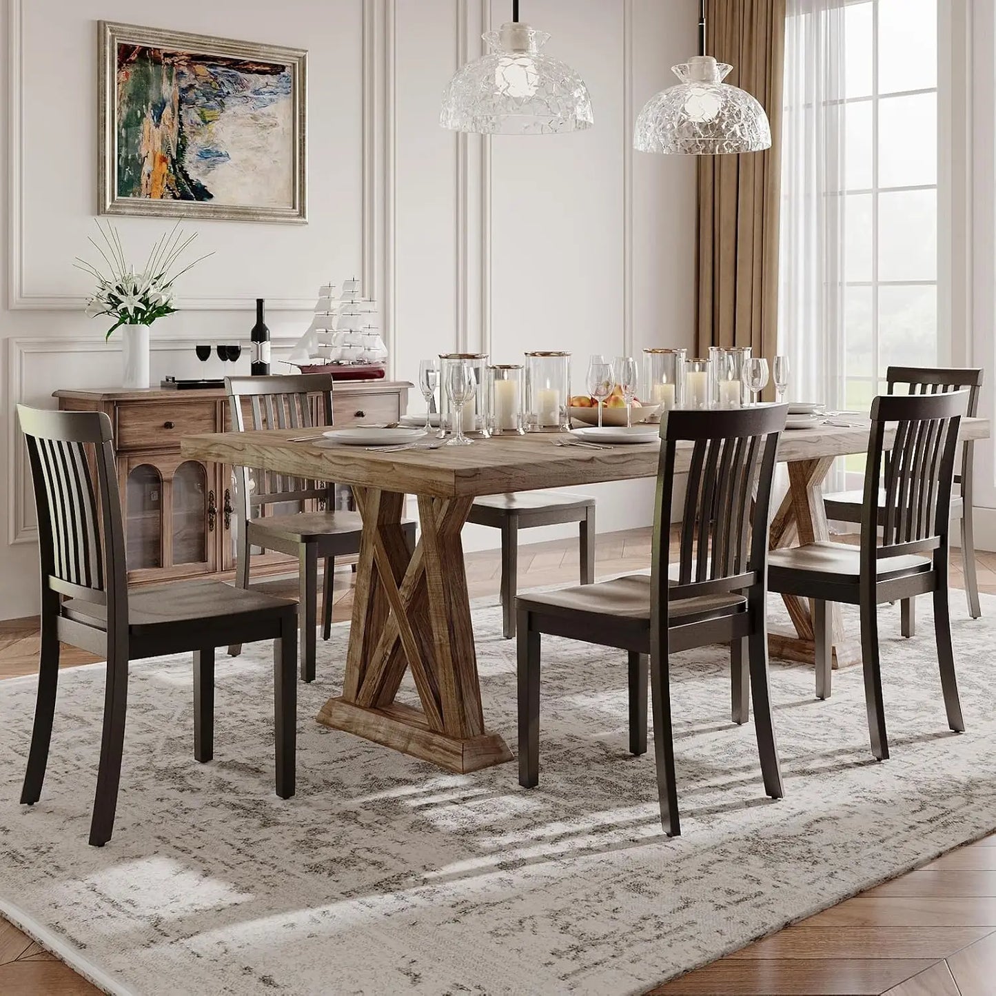Farmhouse Solid Wood Dining Chairs Set of 6, Spindle High Backrest & 17.3in Wide Seat for Rustic Kitchen, Custom