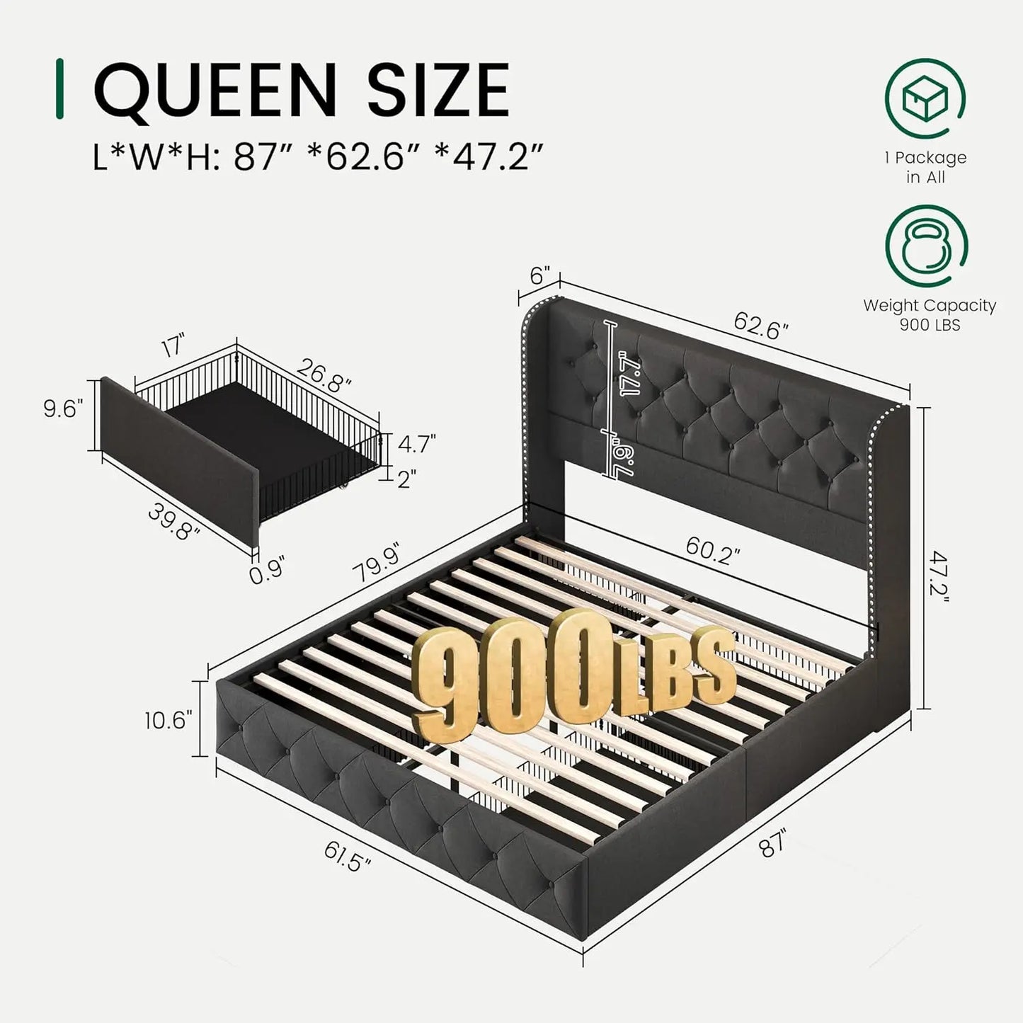 Upholstered Queen Size Bed Frame with 4 Storage Drawers and 47.2" Tall Wingback Headboard Tufted Platform Bed Frame, Customized