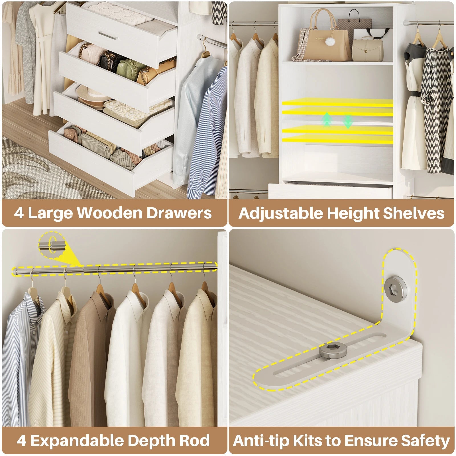 4-9Ft Closet System with 4 Wooden Drawers, Walk-in Closet Organizer Wardrobe Clothes Rack with 4 Hanging Rods, Garment Rack The Pet & Home Store
