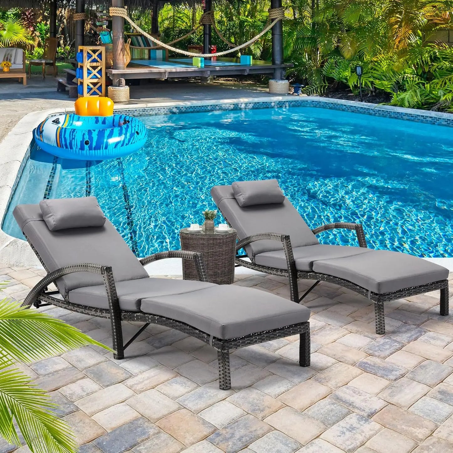 Adjustable 5-Position PE Rattan Outdoor Chaise Lounge Set 2 with Cushion Pillow Wheels for Poolside Backyard, Custom