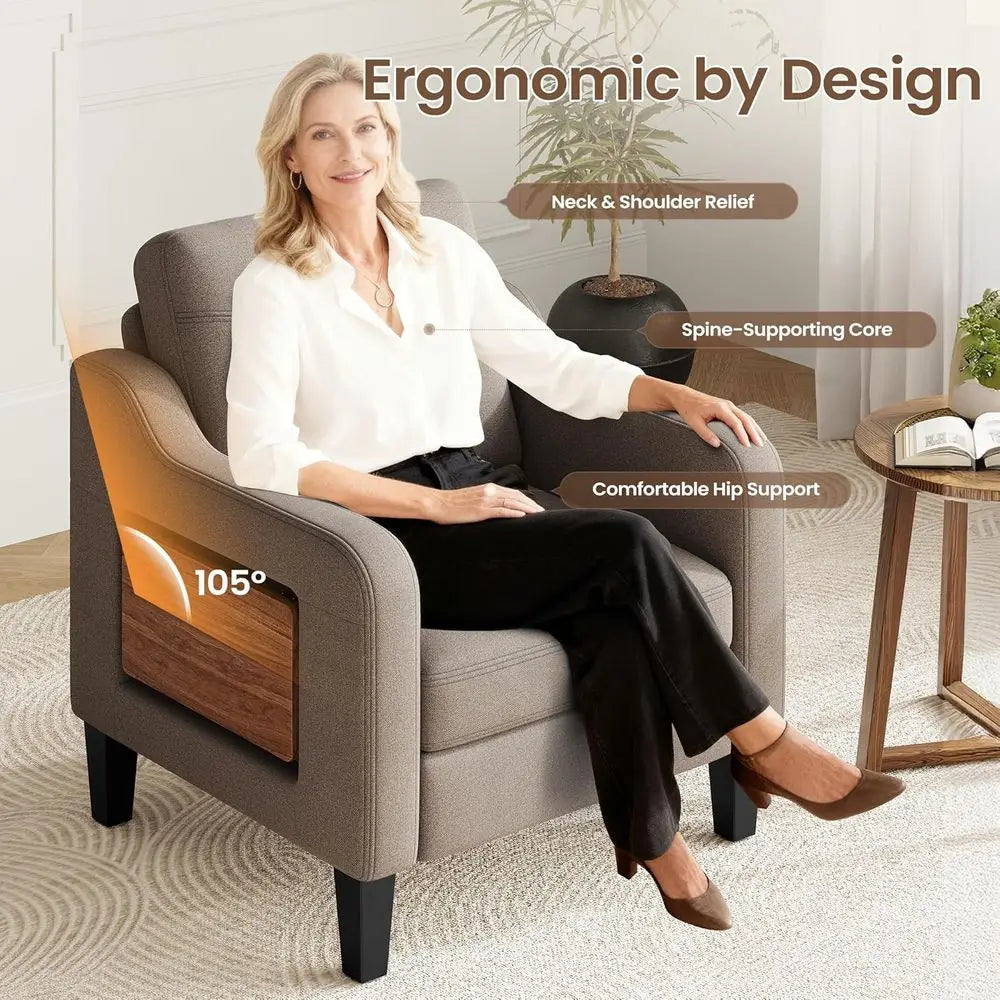 Ern Linen Upholstered Armchair Wooden Side Table Adjustable Comfortable Accent Chair for Living Room Fabric Sofa Design The Pet & Home Store