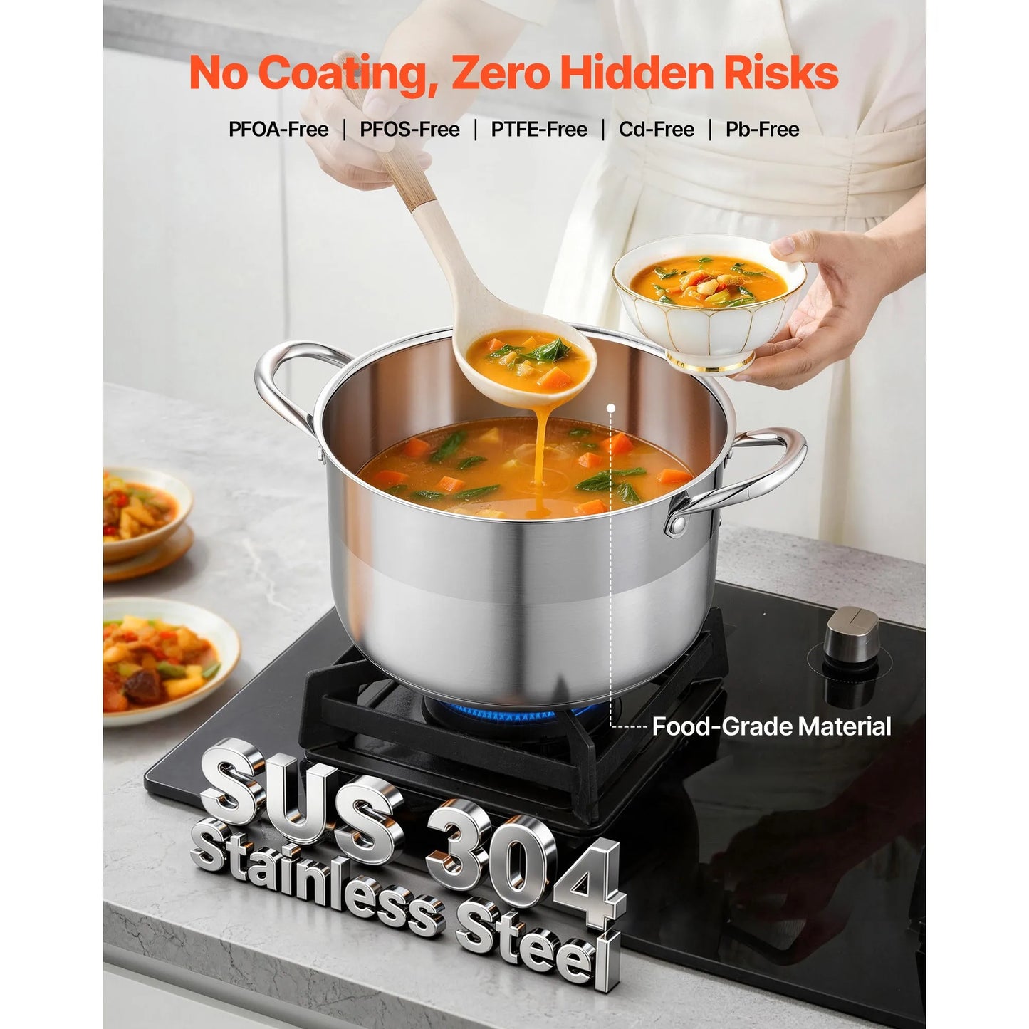 SucceBuy 8/12/16 Qt Stainless Steel Stock Pot with Glass Lid PFOA-Free Compatible with Gas Stoves Induction Cooktops for Soups