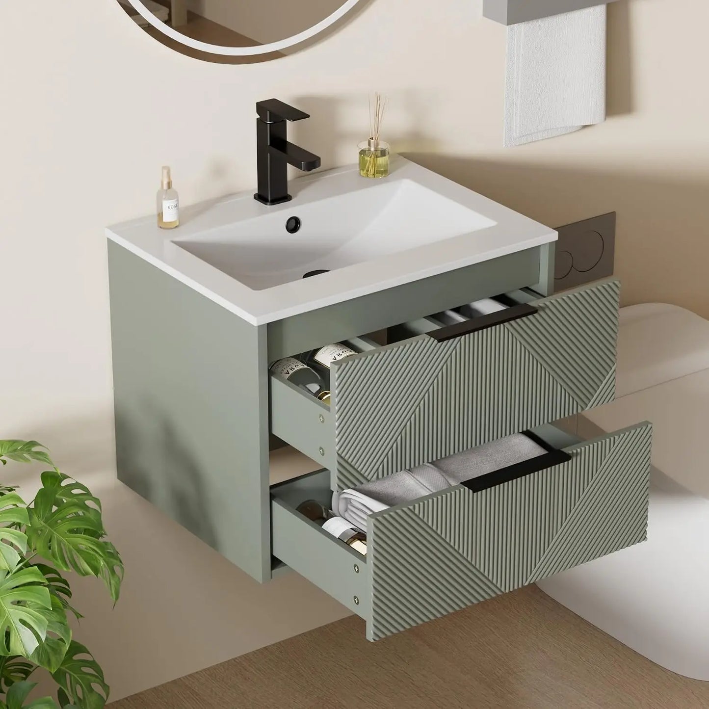 24" Floating Bathroom Vanity with Sink Combo, Modern Wall Mounted Floating Cabinet with 2 Large Soft-Close Drawers, Customized