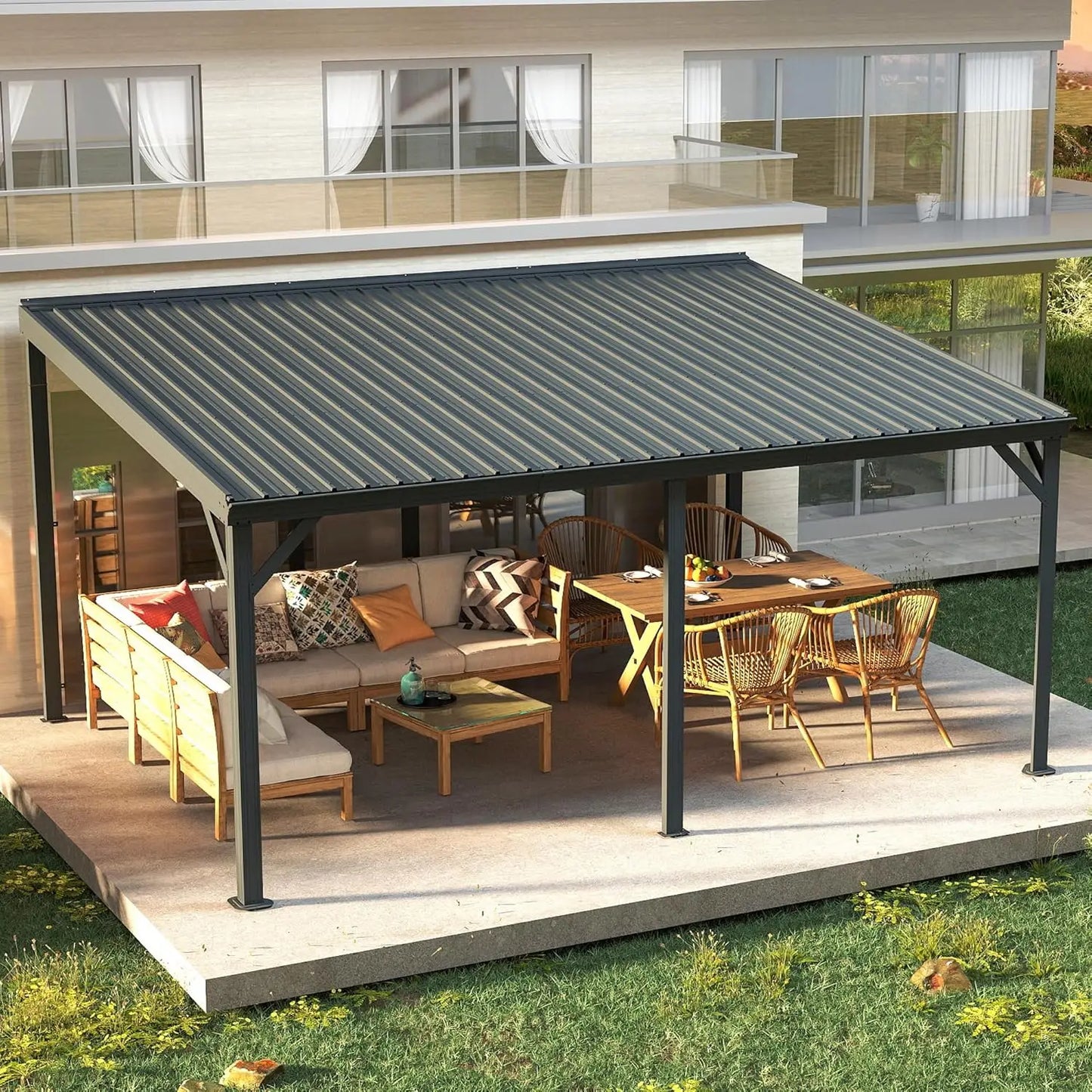 Wall Mounted Lean To Gazebo Pergola With Galvanized Steel Roof