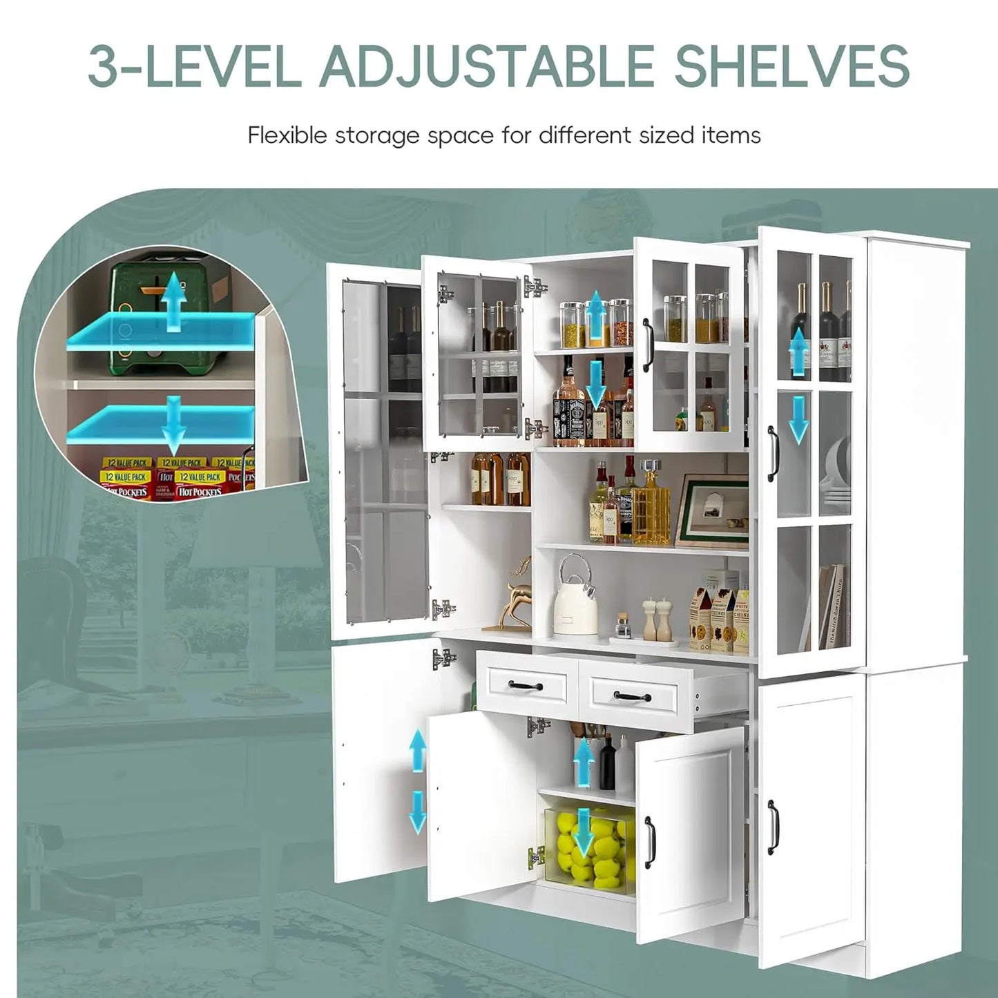 Kitchen Storage Cabinet With Glass Doors And 2 Drawers