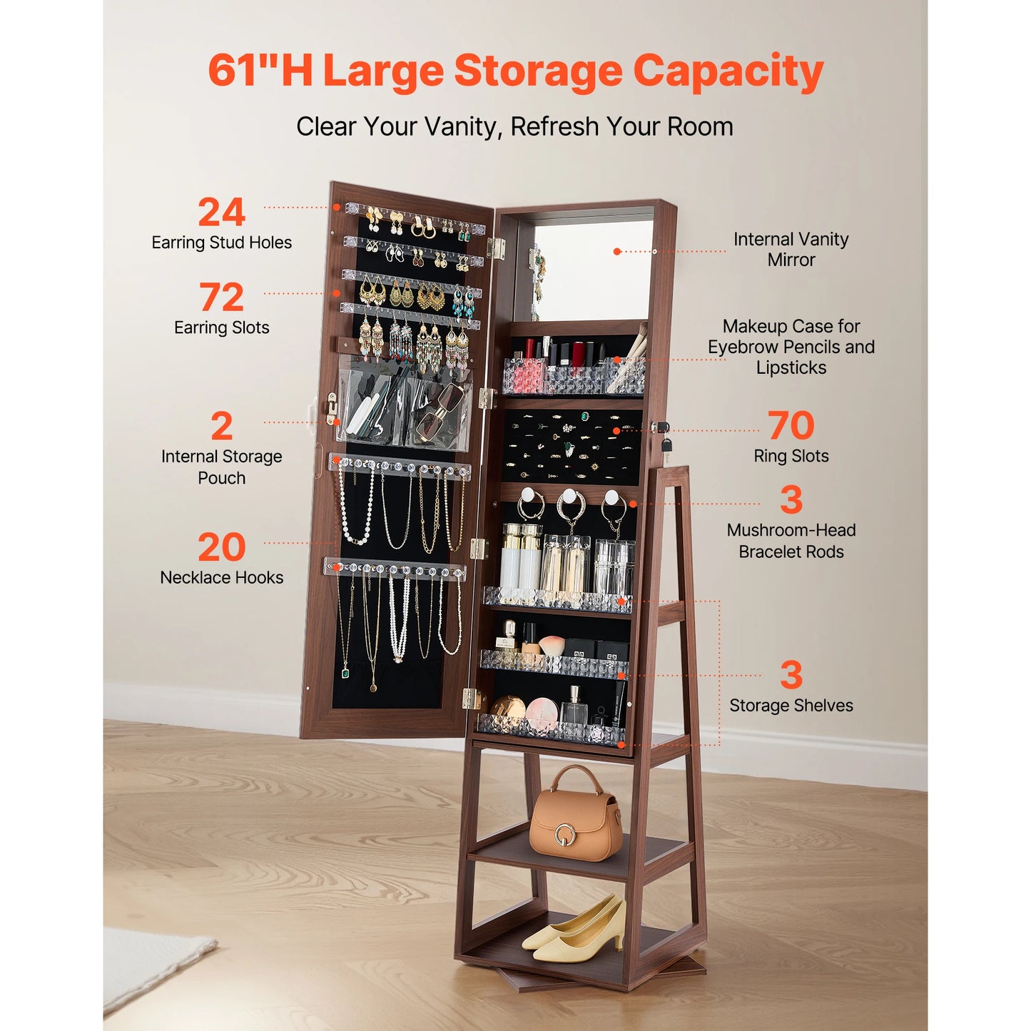 SucceBuy 360° Swivel Jewelry Cabinet With Lockable Mirror